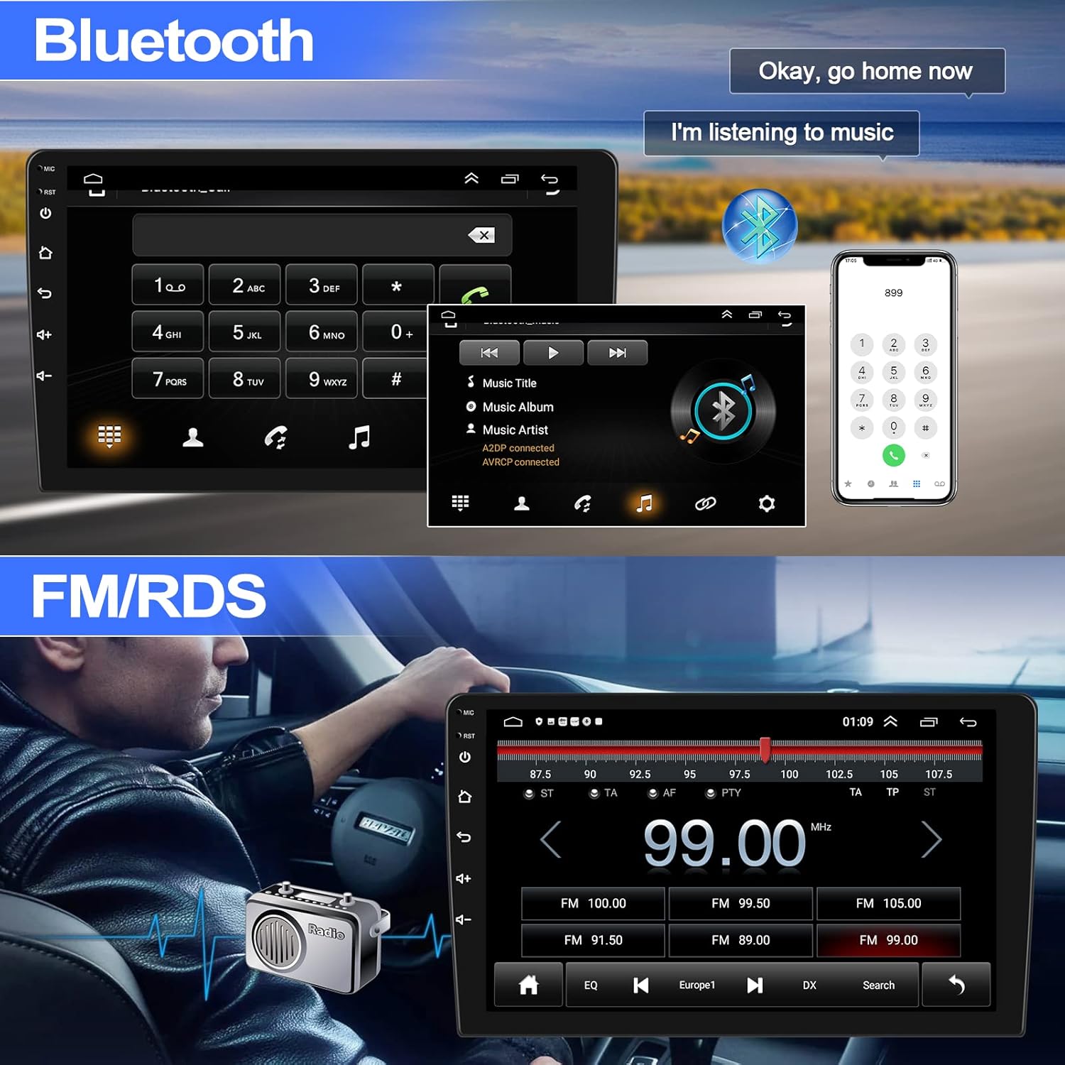 Screenshots of the car stereo displaying a Bluetooth dial pad and music playback interface, along with a phone icon and a speech bubble indicating voice commands.