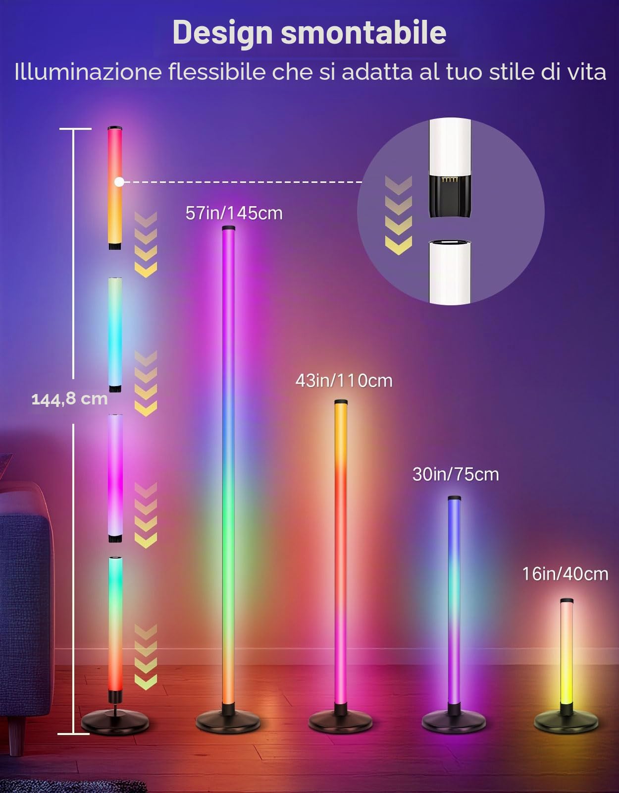 OUTON Lampada da Terra LED 2-Pezzi, RGBIC Dimmerabile Piantana con Telecomando e Controllo APP, 16 Milioni di Colori, Sincronizzazione Musicale, Timer, per Soggiorno, Camera, Giochi
