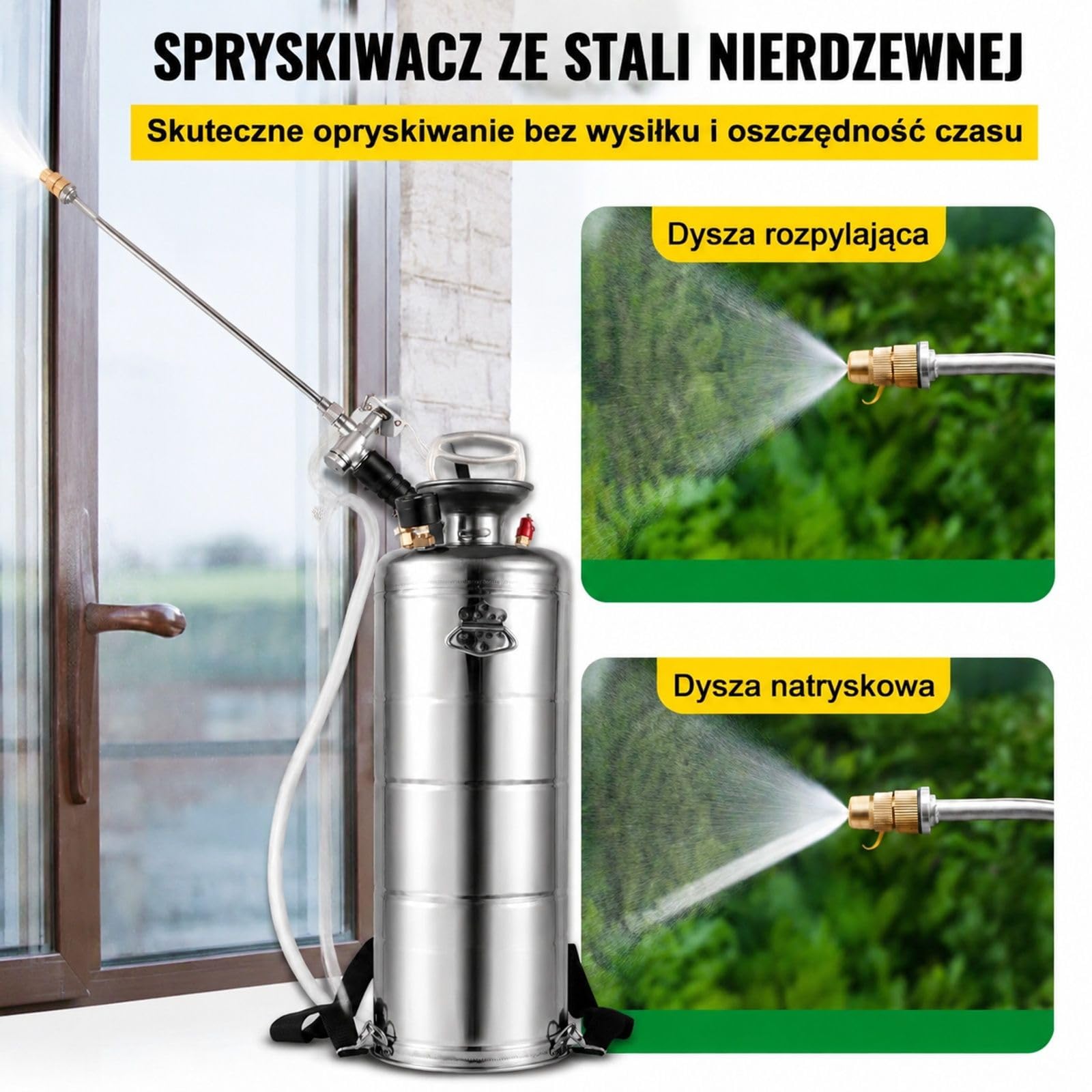 Opryskiwacz ciśnieniowy ze stali nierdzewnej 12 L z regulowaną dyszą, pompą ręczną i paskami na ramię do ogrodu oraz podłóg