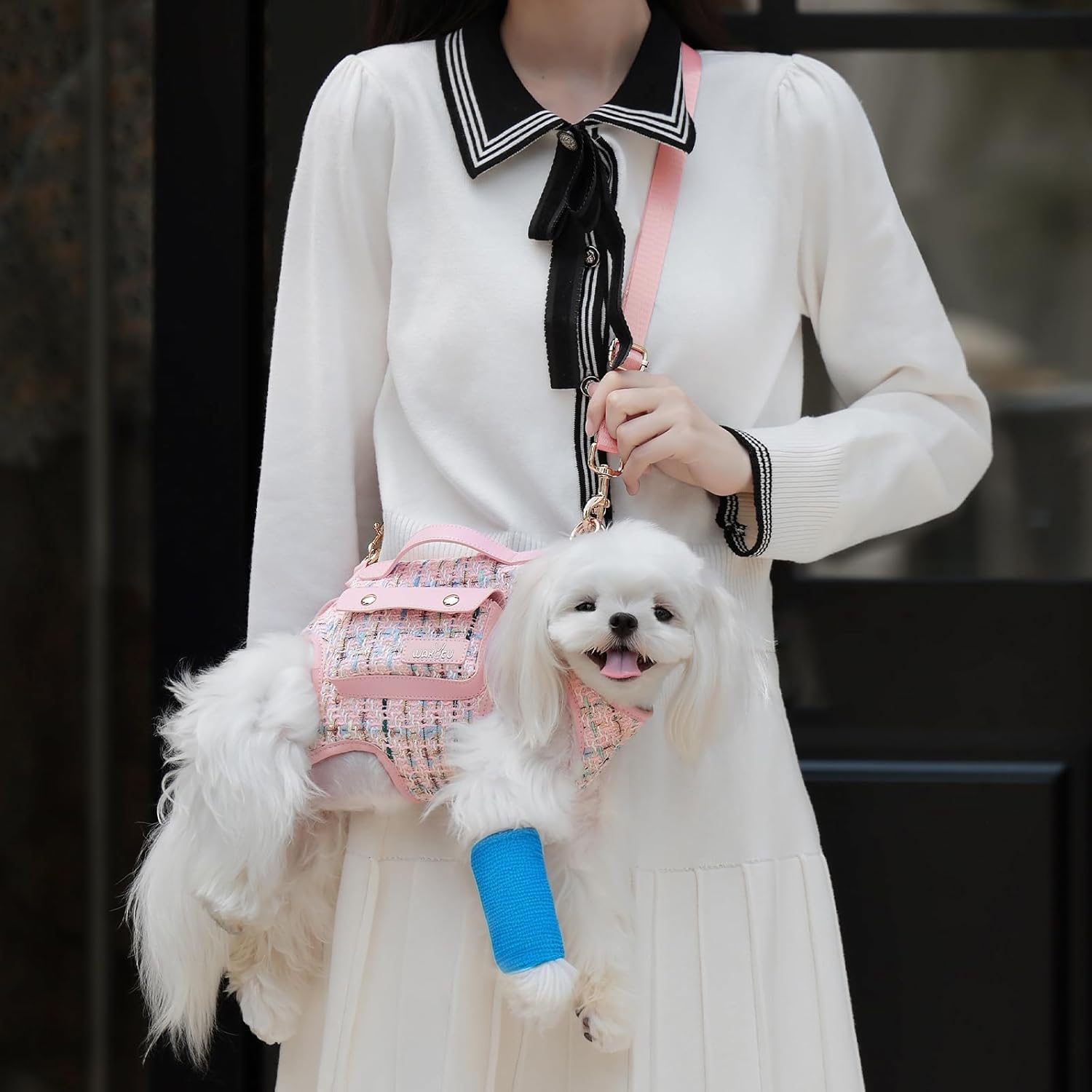 Dog Lift Harness Dog Carrier Dog VES Harness Adjustable Dog Leash with Small Puppy Treat Bag（Pink,S）