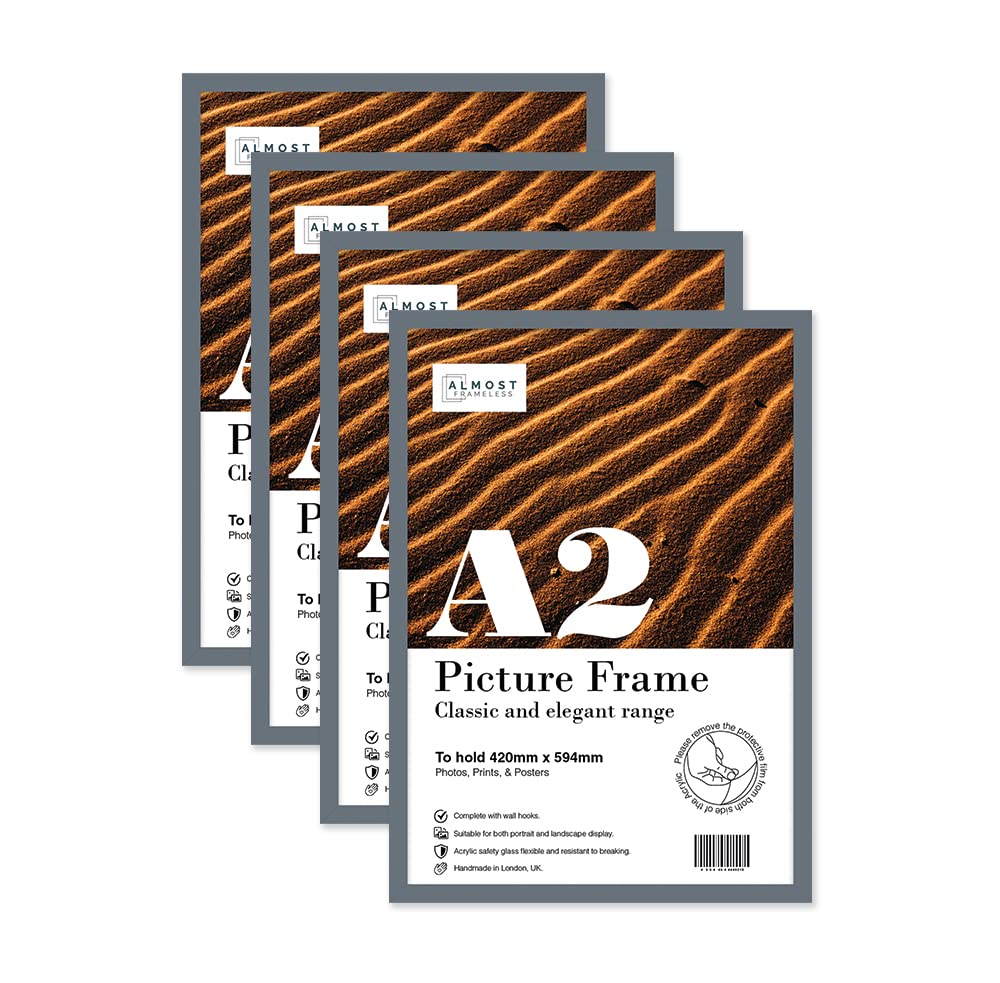 Almost Frameless Grey A2 Picture Frame Set Of 4, Display A2 Picture Gallery Wall, Poster, Photo, Artwork, Or Print,