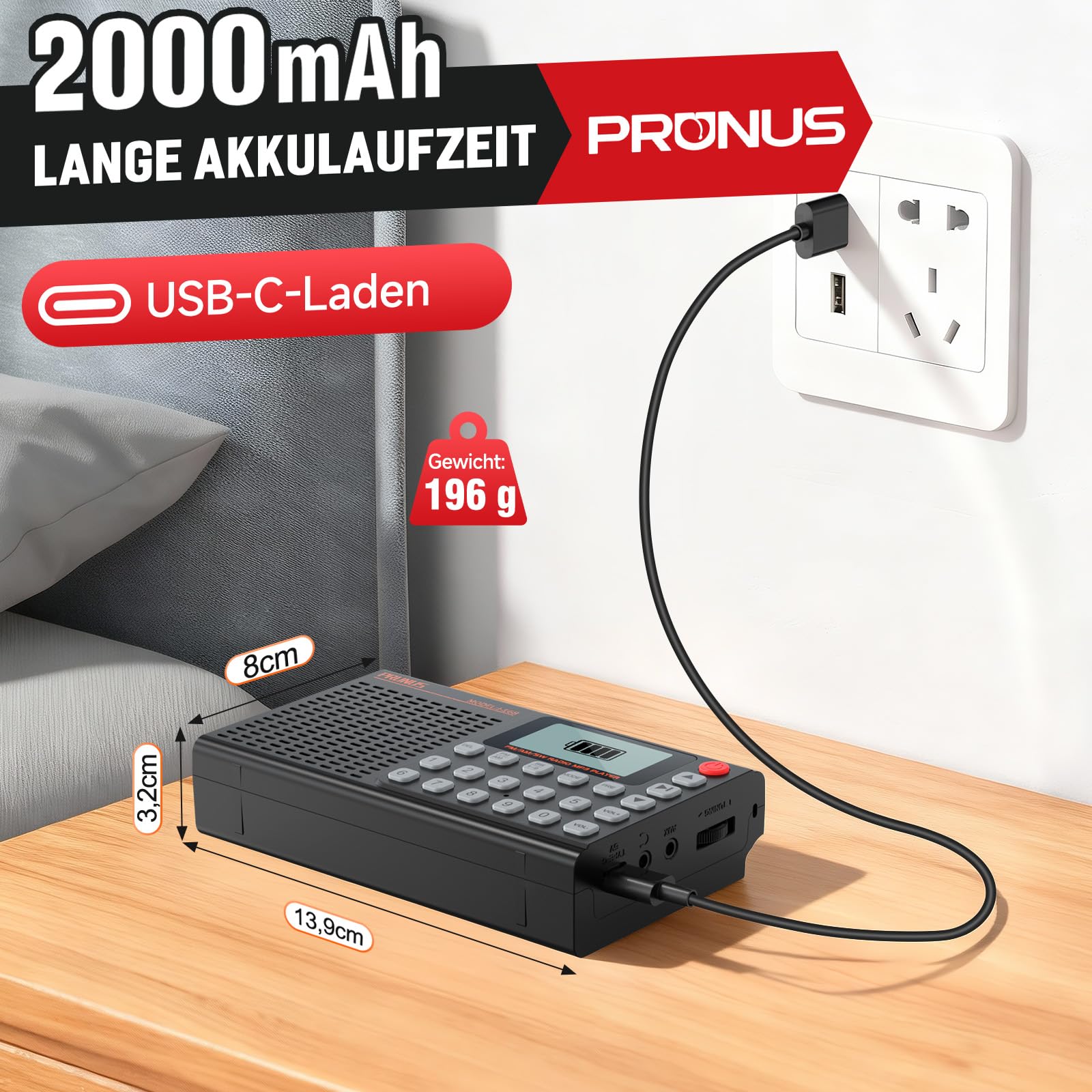 PRUNUS J-168 FM/AM/SW Digital Radio Klein Unterstützt Manueller Preset, Kleines Radio mit Akku 2000mAh, unterstützt Sleep-Timer, Exzellentem Empfang, Tragbare Radios mit Bluetooth 5.0/TF-Player.