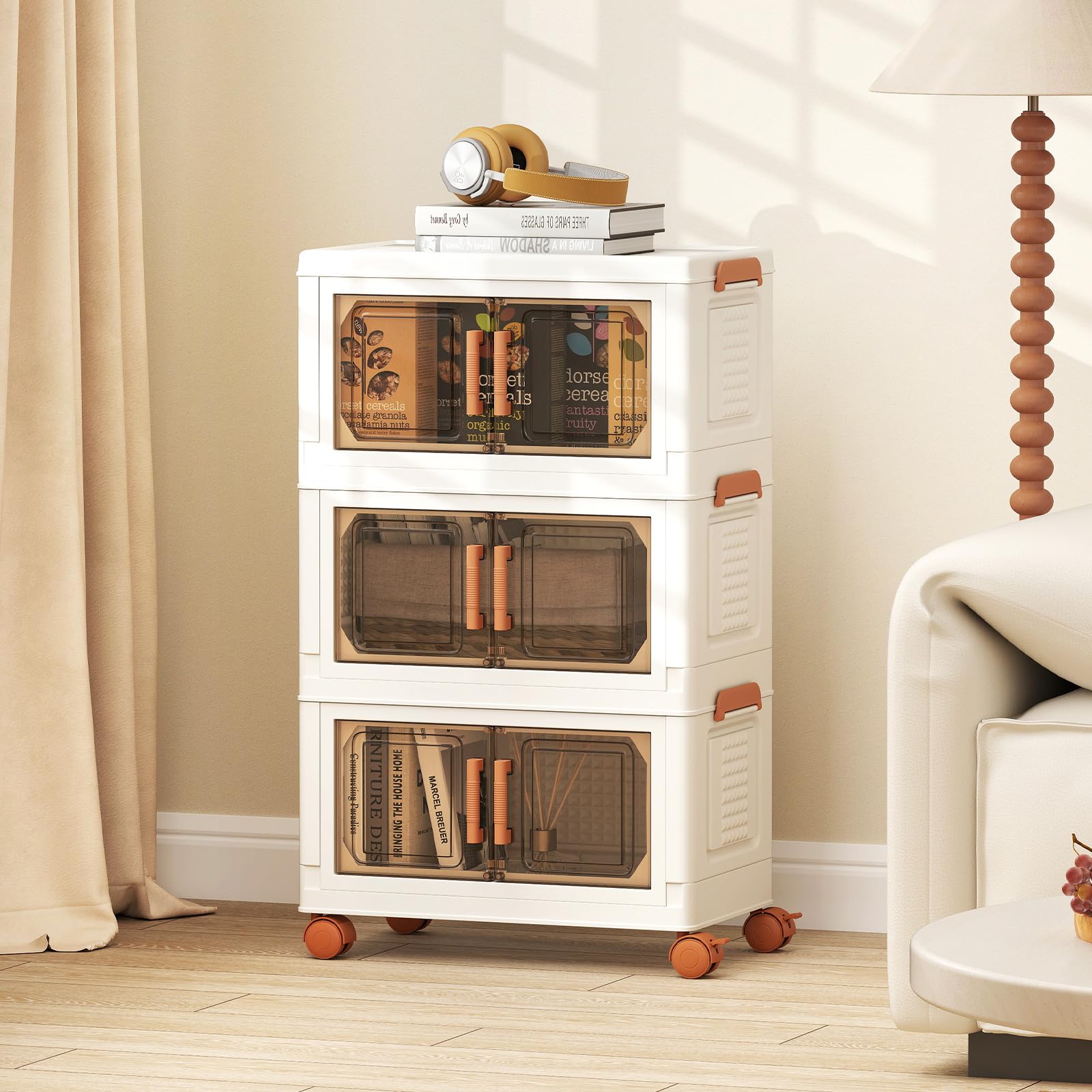 COSTWAY Caja de Almacenamiento Plegable 57 L, Paquete de 3 Contenedores de Almacenaje de Plástico con Puertas de Apertura Frontal, Cajas de Almacenaje Apilables con 4 Ruedas, para Dormitorio