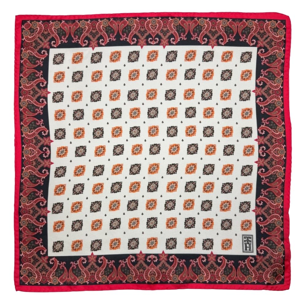 the tie hub Italian Pink Silk Pocket Square with Brown Motif and Black Paisley Border for Men-picture-29