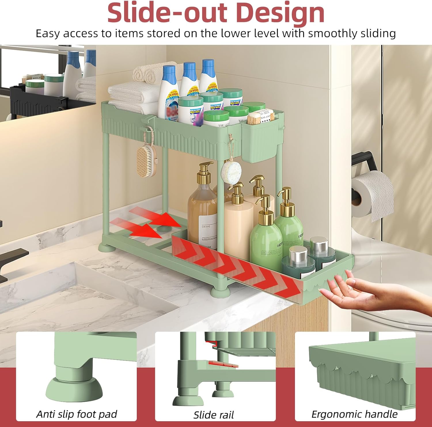 Under Sink Organizer, Bathroom Organizers and Storage, 2 Tier Multi-Use Pull Out Cabinet Organizer with Hang Hooks and Cups (Green, 4 Pack) - Image 2