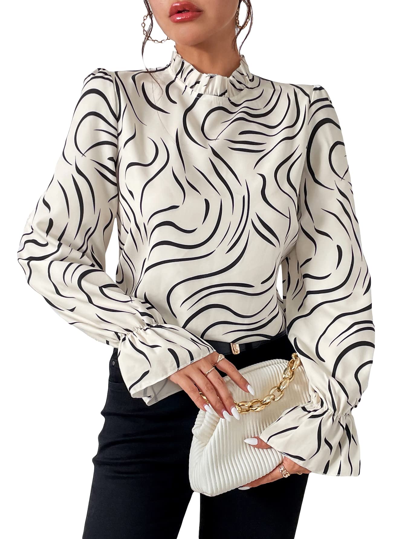 MakeMeChicWomen's Casual Graphic Print Long Sleeve Ruffle Mock Neck Blouse Shirt Top