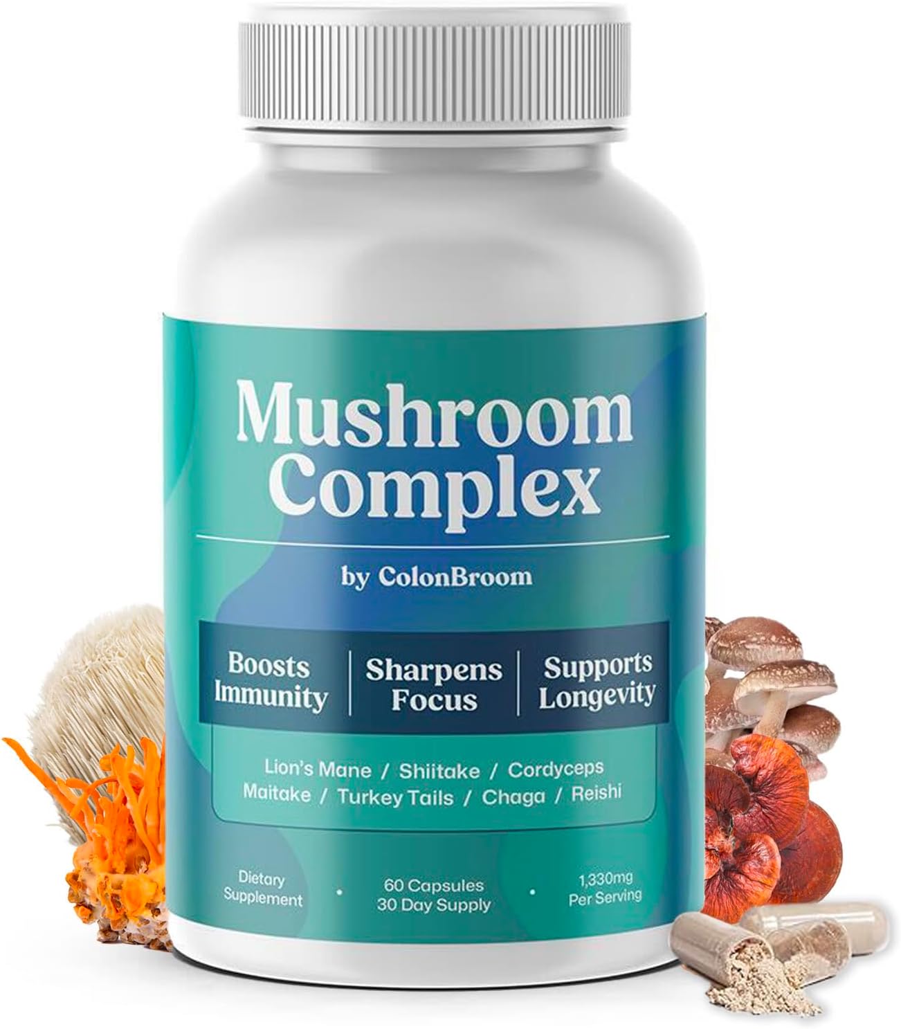 ColonBroom Mushroom Complex, Powerful Mushroom Blend with Cordyceps, Reishi, Shiitake, Lion’s Mane Extract for Energy, Immunity, Stress Relief & Cognitive Health – 60 Capsules, 30 Day Supply