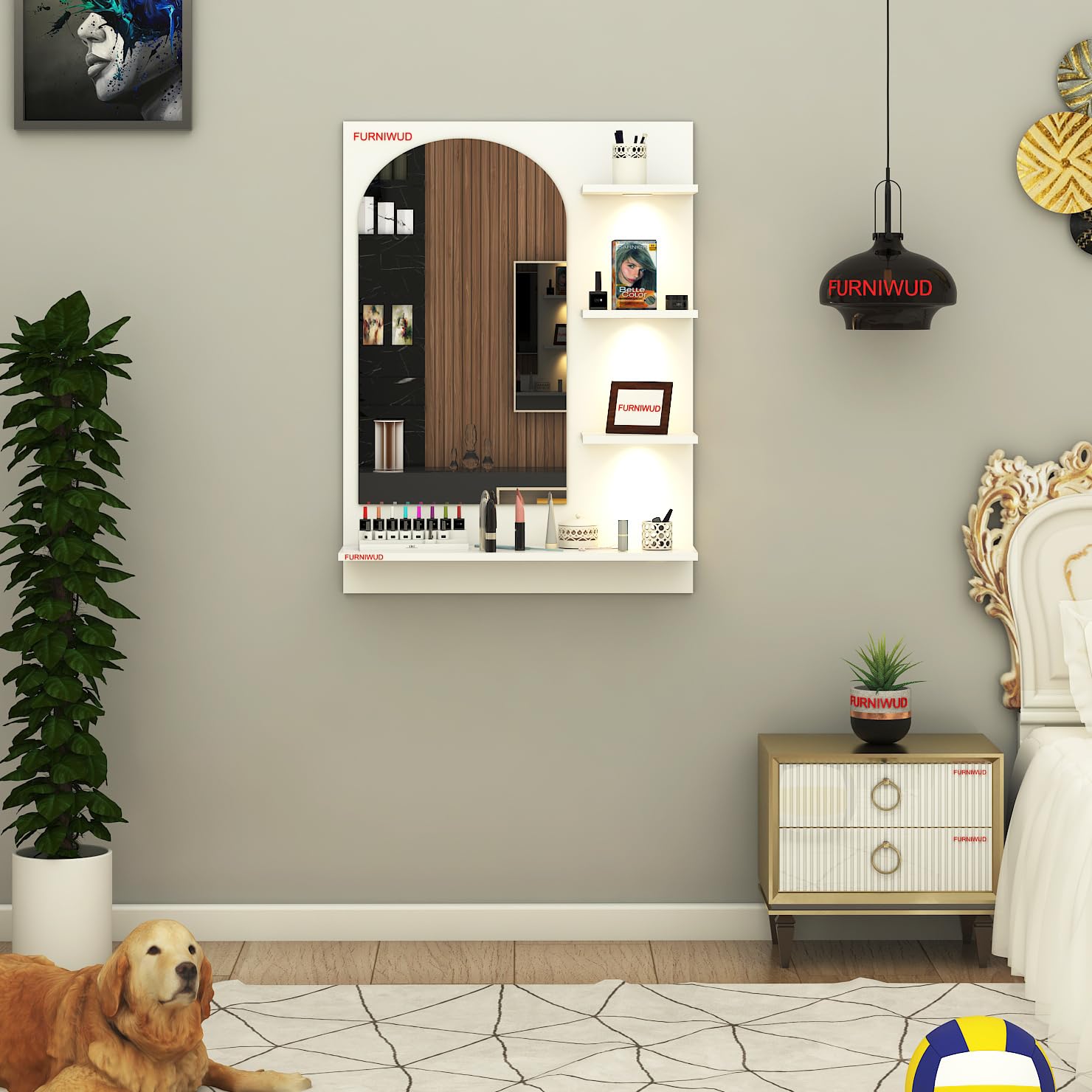 MIRRANO Particle Wood Wall Mounted Modern Dressing Table with LED Light & Decorative Floating Shelves Makeup Vanity Mirror for Living Room, Bedroom | DIY-Installation (White)-image-37