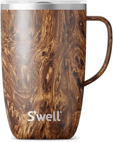 S'well Taza de viaje de acero inoxidable con asa, 16 onzas, madera de teca, recipiente aislado al vacío de triple capa diseñado para mantener las