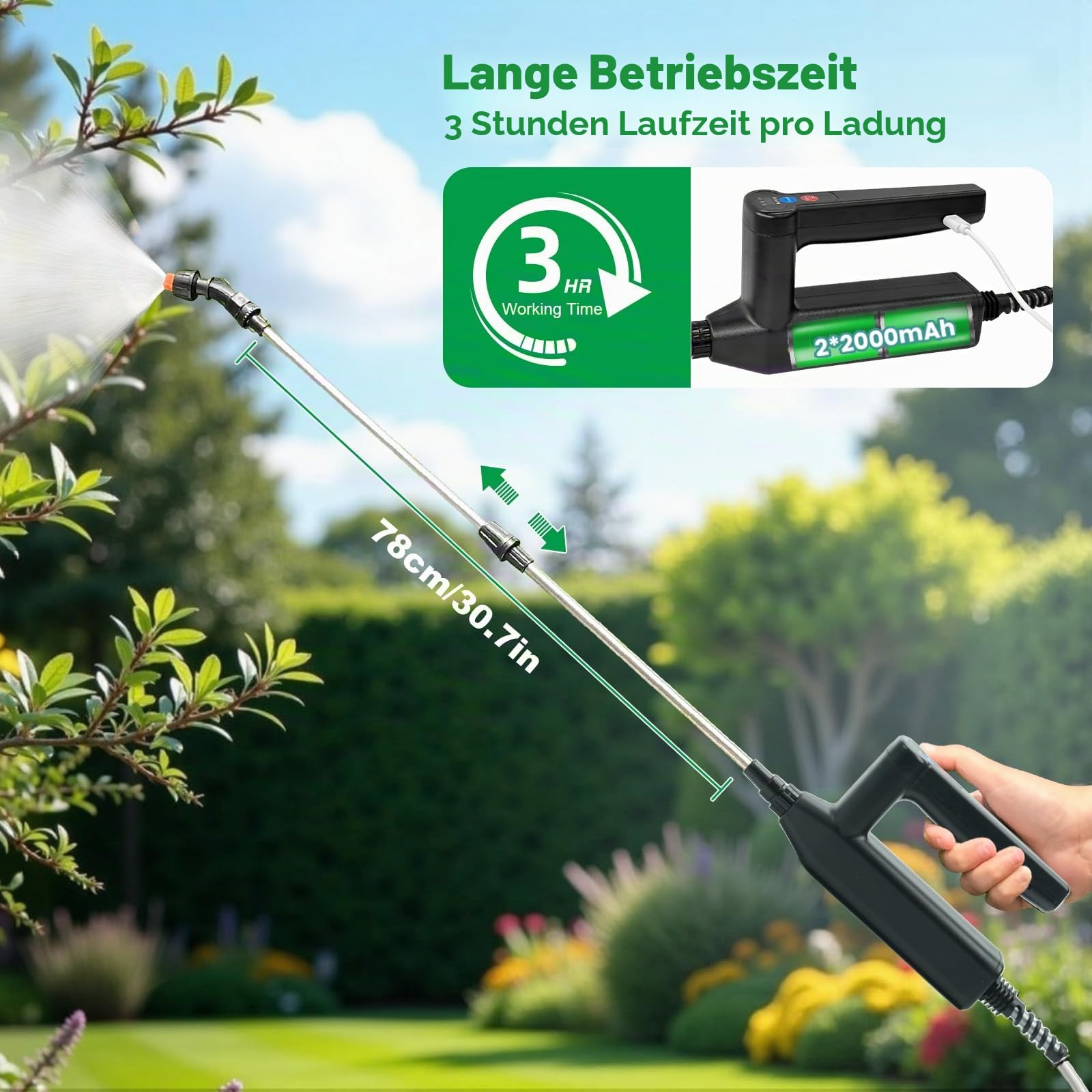 SYLSTAR Drucksprüher 5 Liter, 7.4V Stärkerer Akku Drucksprüher mit 4 Verstellbaren Düsen,3 Sprühgeschwindigkeiten Elektrischer Pflanzensprüher und 60cm Teleskopstab für Gartenspritze Unkrautspritze