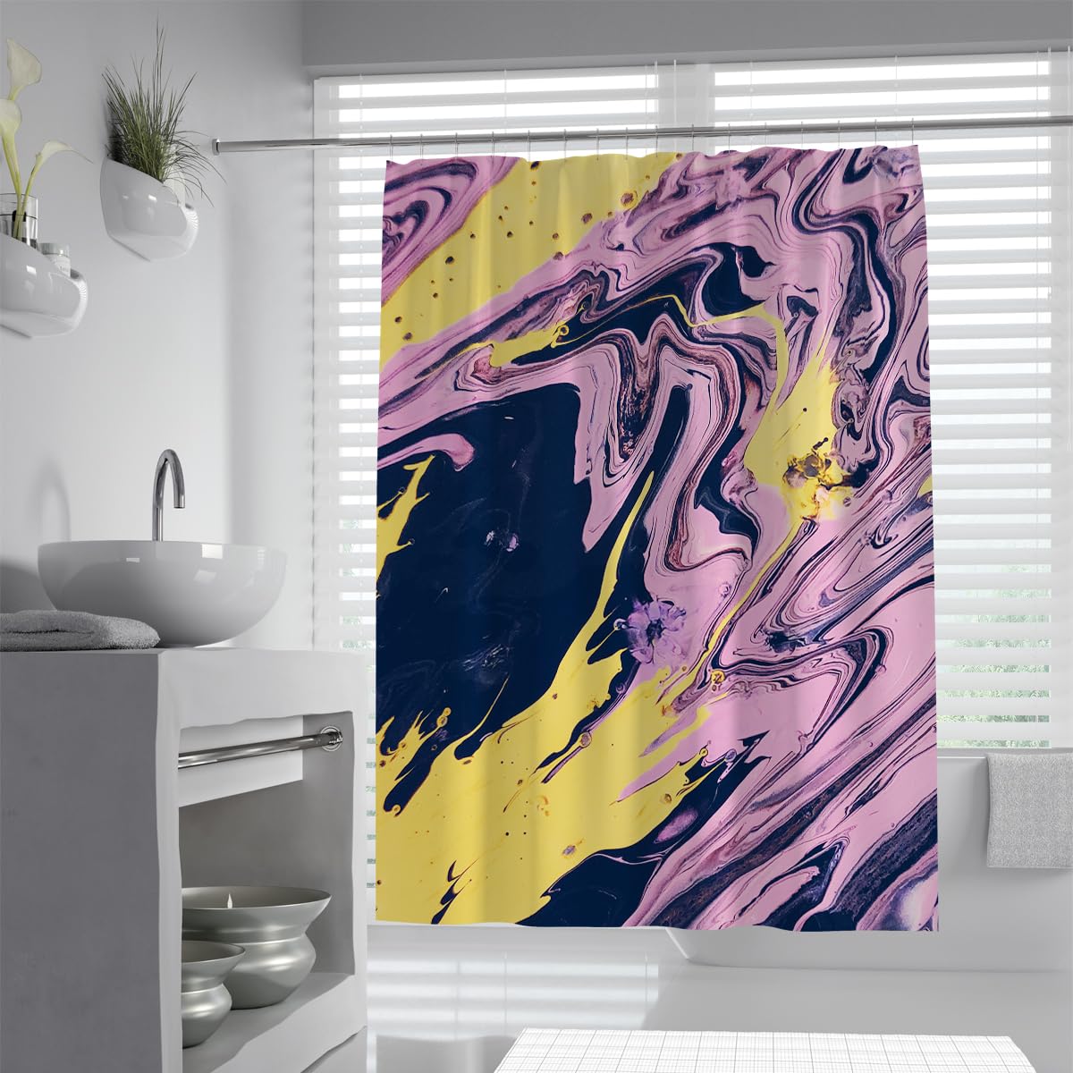 UIRINGART Elegant Shower Curtains W150xL200cm Pink Navy Yellow Fluid Marble Liquid Swirls Pattern Mildew Mould Resistant Waterproof Fabric Bathroom Wet Room Tub