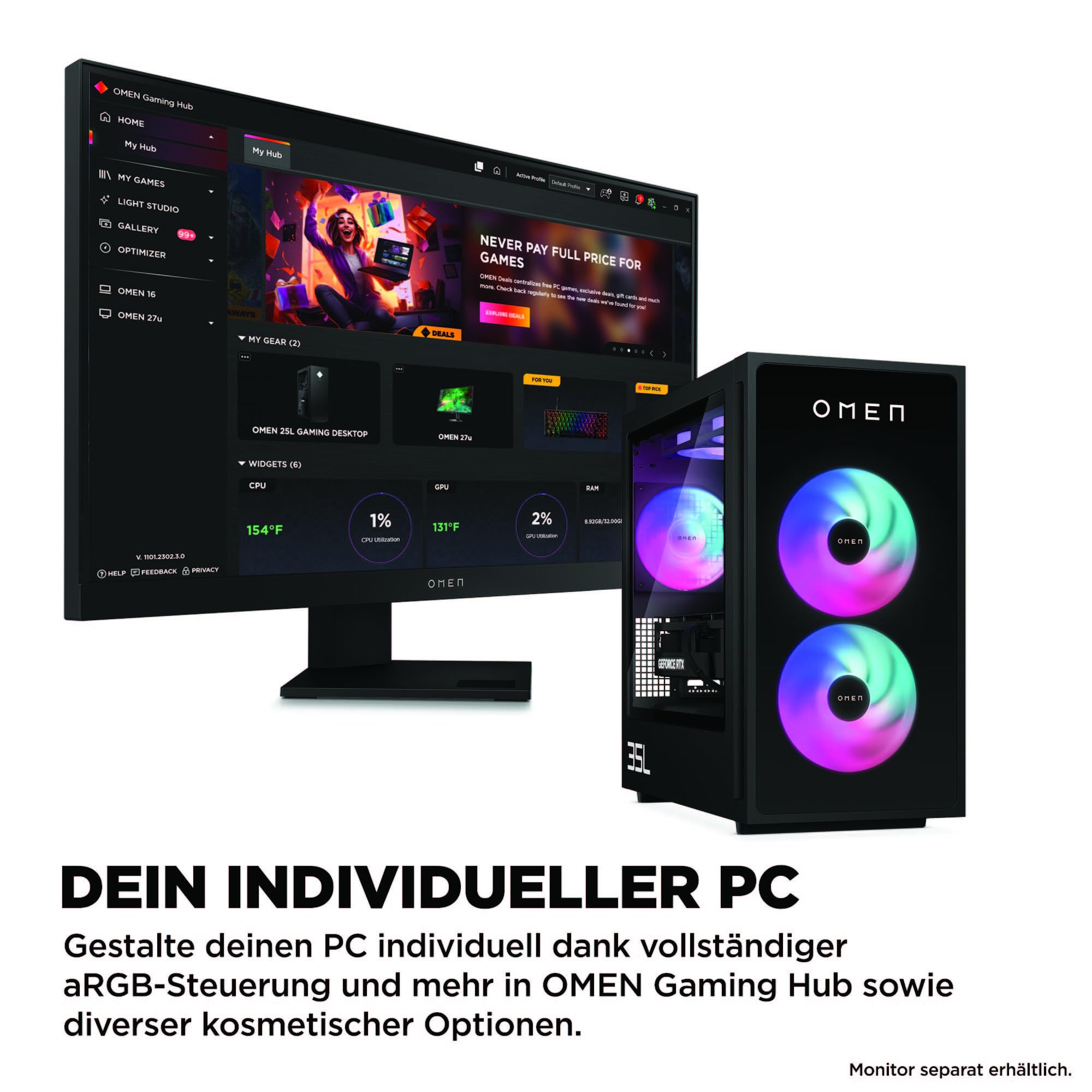 HP Omen GT16-0274ng 35L Gaming Desktop PC, AMD Ryzen 7 8700F, 32 GB DDR5-SDRAM, 1 TB SSD, NVIDIA GeForce RTX 5070, Tower PC, Windows 11 Home, Schwarzes Metall mit Glas Blende