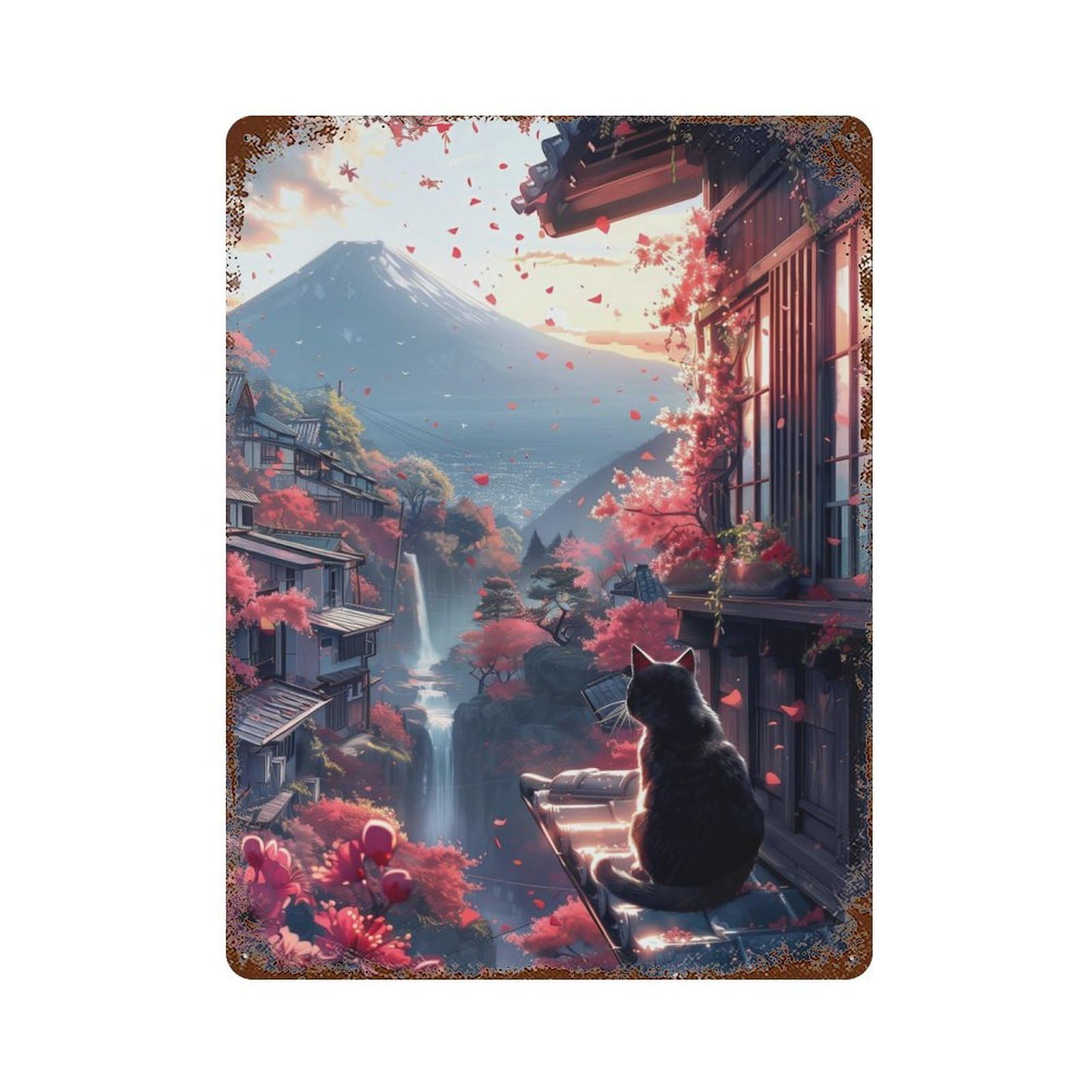Cute Cat Serenity Scenery Rusty Metal Tin Sign 15.7"x11.8", Ideal for Farmhouse, Kitchen And Entryway Decor