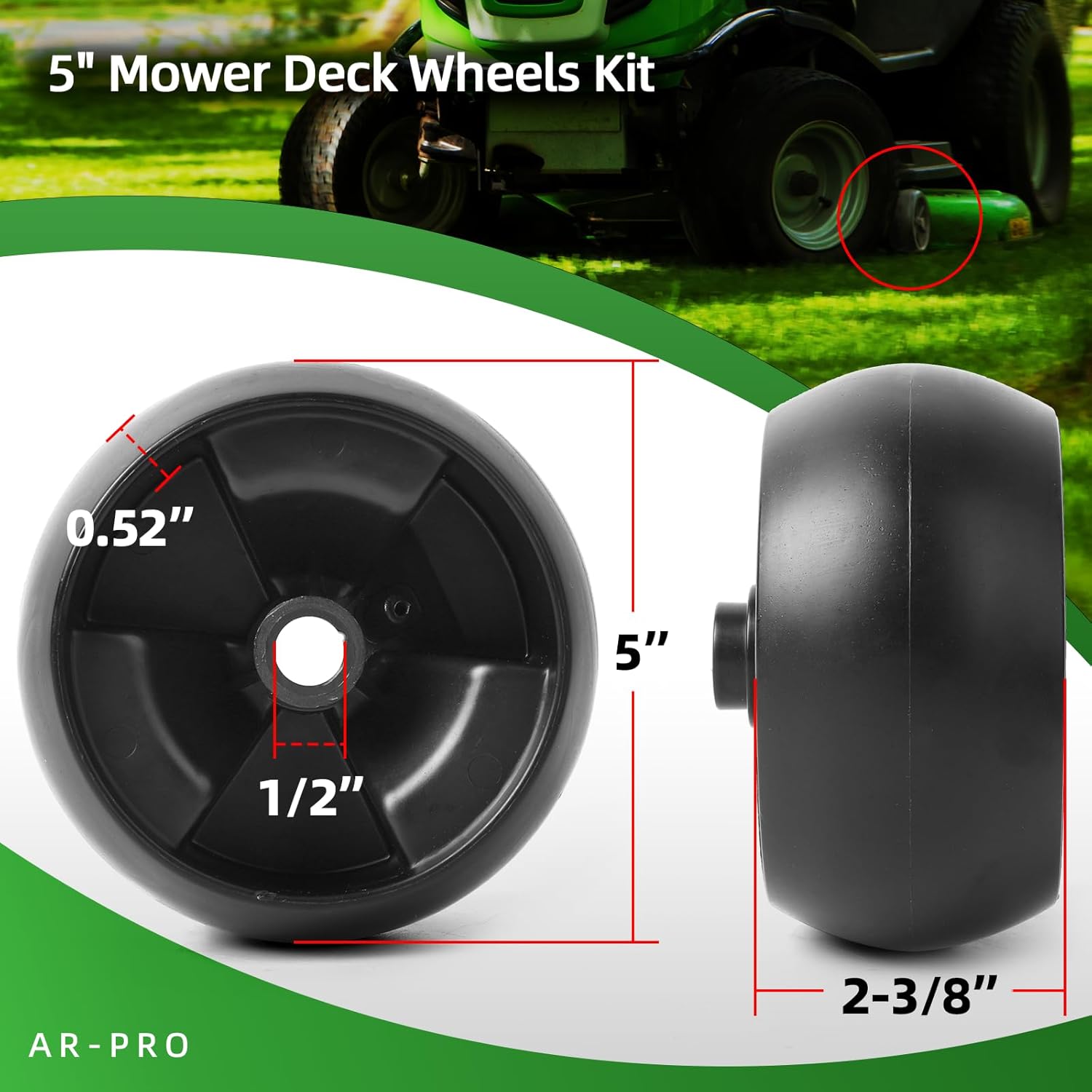 AR-PRO (6 Pack) Replacement 5" Mower Deck Wheels Kit, Compatible with MTD Cub Cadet 734-04155 Toro 112-0677 72-025 210-275 Craftsman 42" 46" 48" 50" 54" Deck Gauge Wheel, with Bolts and Lock Nuts