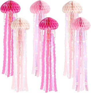 6Pcs Pink Jellyfish Decorations Gradient Pink Hanging Jellyfish Honeycomb Under The Sea Party Supplies Gradient Paper Honeycomb Jelly Fish for Mermaid Ocean Birthday Party Classroom Hanging Decor