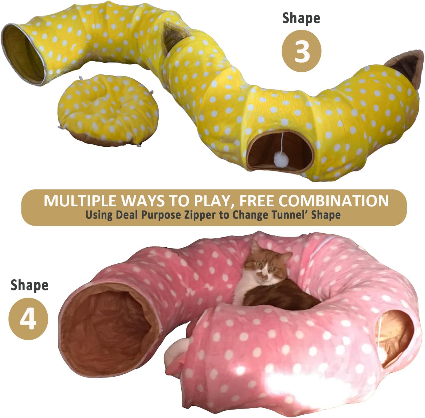 Pink Plush Polka Dot Cat Tunnel Bed with Central Mat