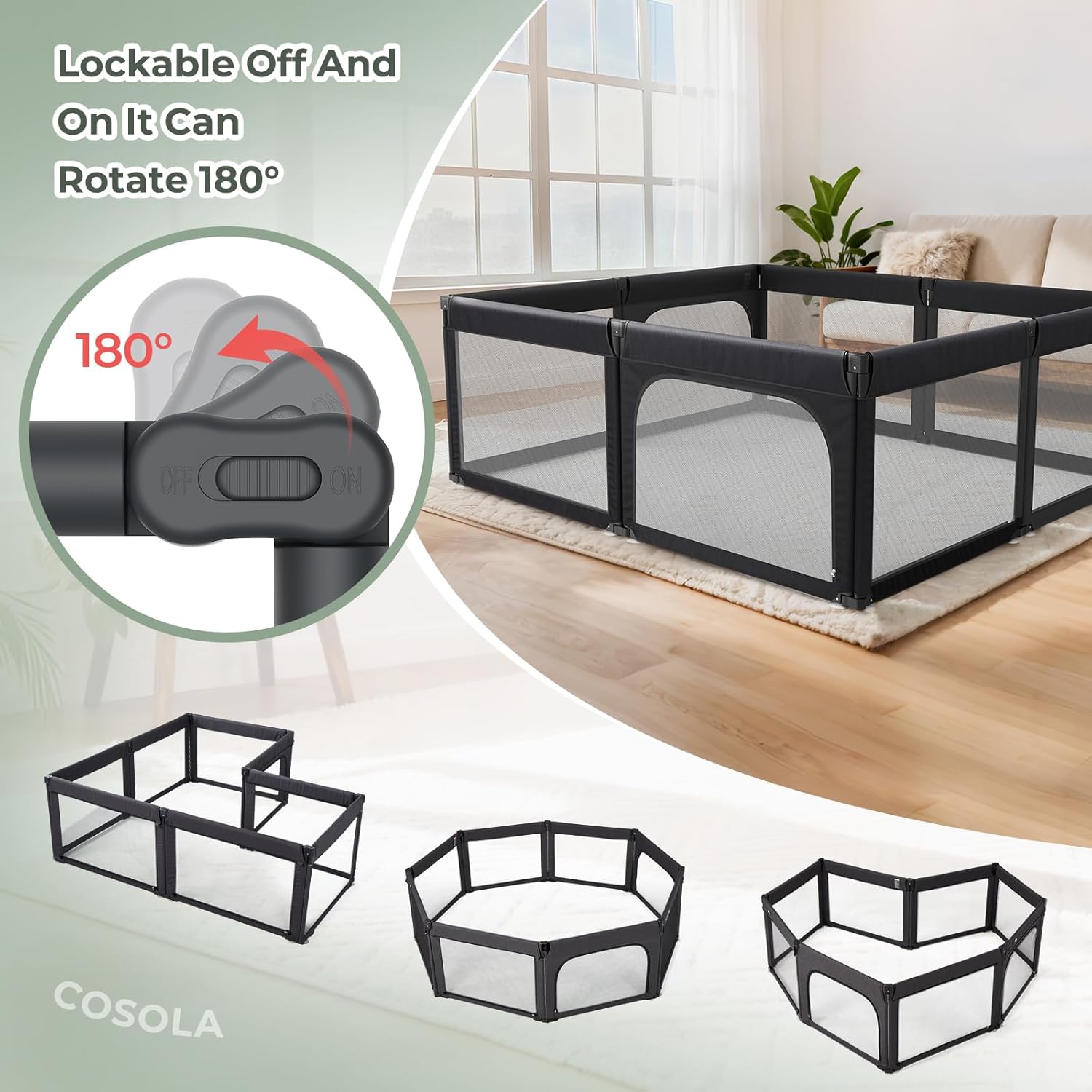 Foldable Baby Playpen, Shape & Size Adjustable Playpen for Toddler, 79x71 Large Play Pens Safety Mesh Foldable Playard for Babies, Portable Baby Fence Play Area Kids Play Pen, Black