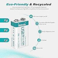 Vista 4 de Batería recargable de litio USB de 9 V de 860 mAh con cable de carga 4 en 1, baterías de 9 voltios 6f22 para detectores de humo (paquete de 4)