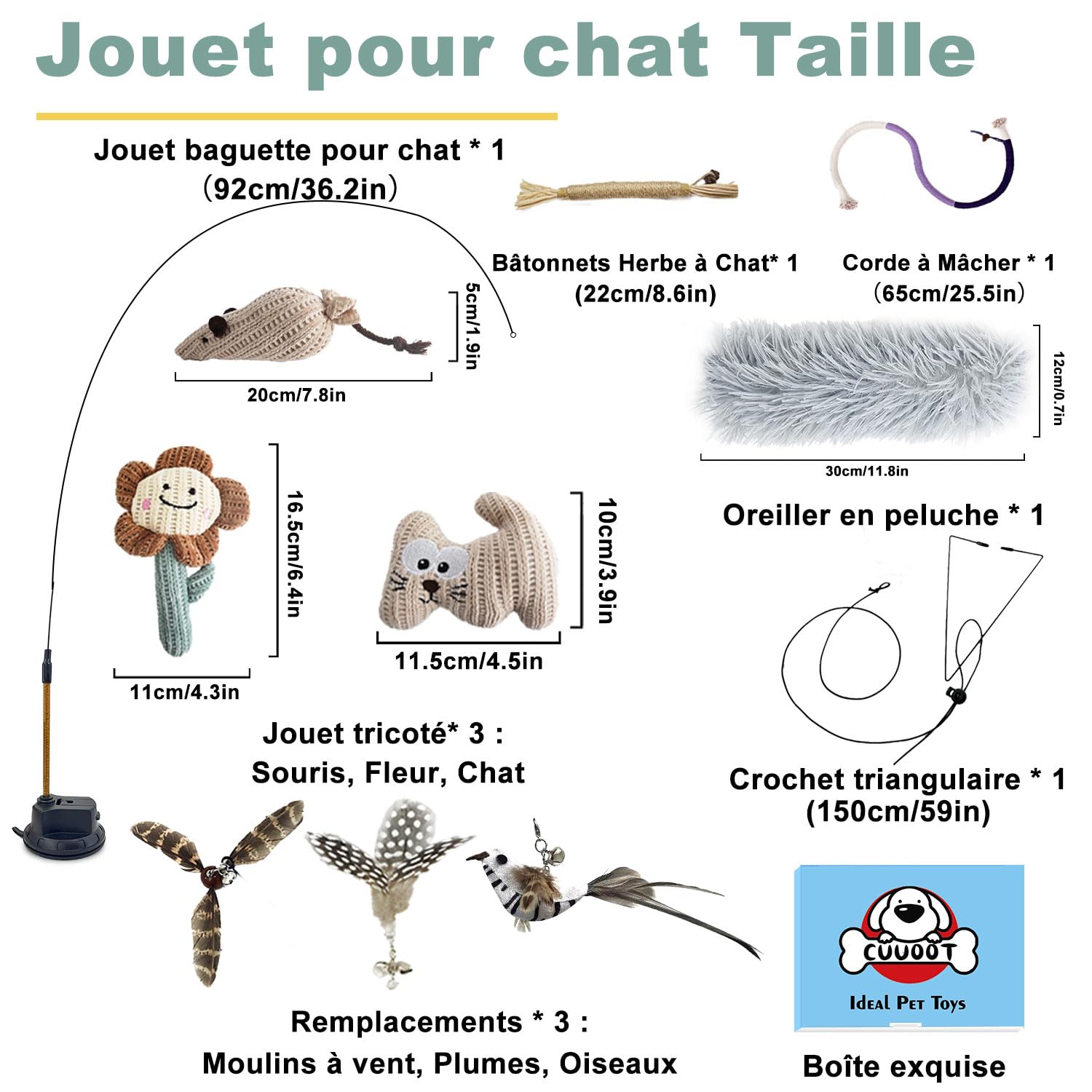 7-en-1 Jouet Chat Interactif, Ventouse Collante Lavable, Jeu pour Chat Oiseau Qui Bouge Interieur, Jouets Suspendus pour Chats, Bâtonnets Herbe à Chat et Corde à Mâcher, Oreiller en Peluche
