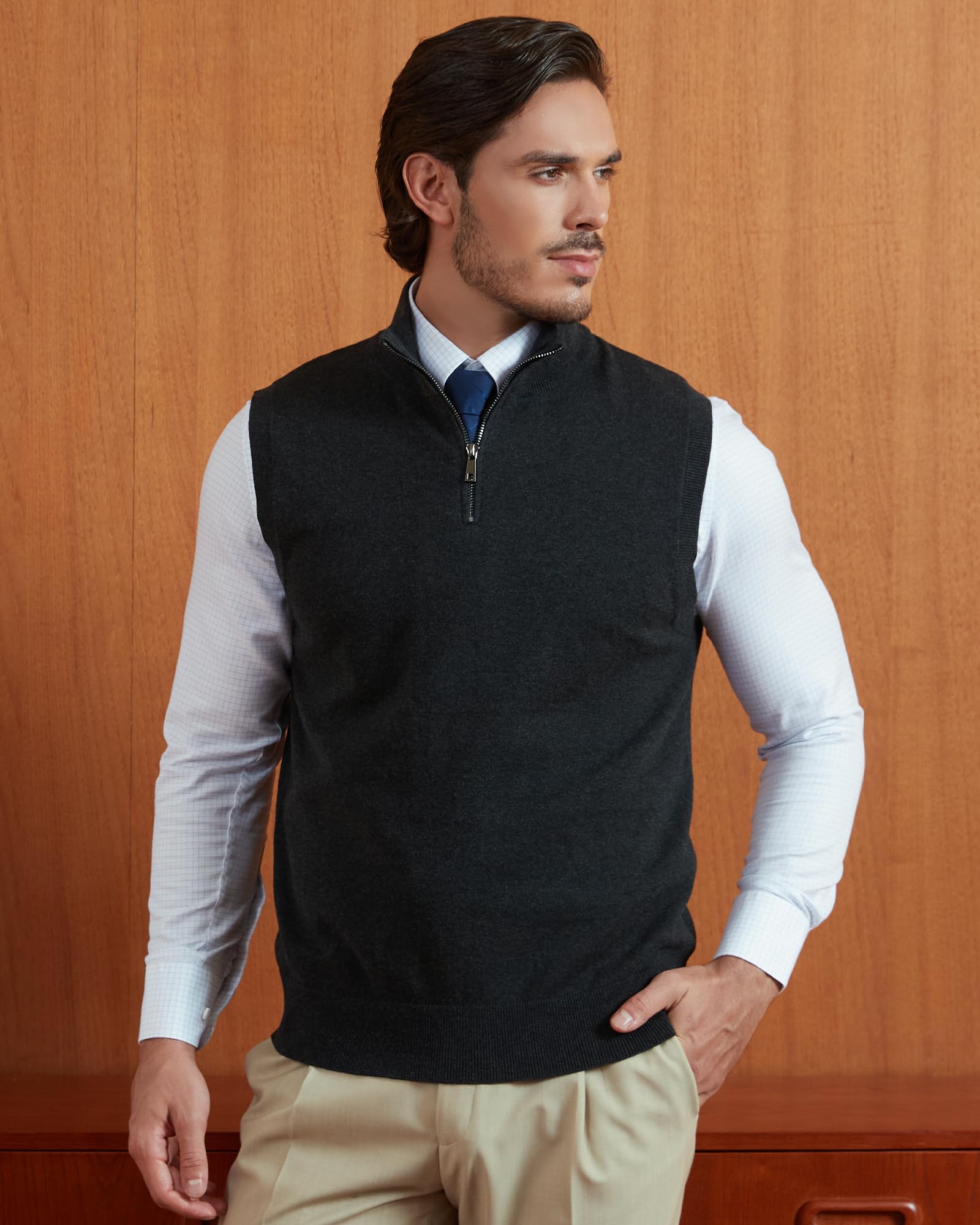Kallspin Pullover para Hombres de Puro algodón Temporada con Cremallera Cuello Alto Tejido sólido Business sin Mangas Chaleco
