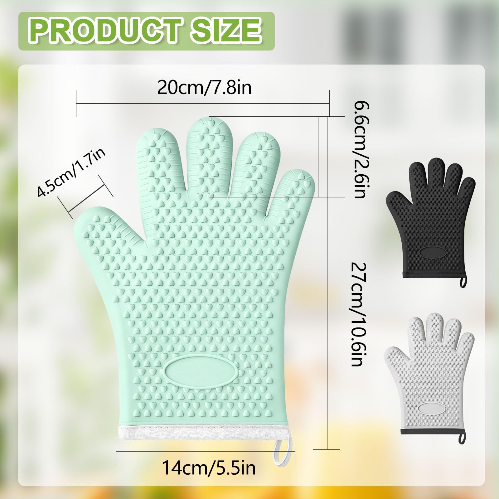 Silikon Ofenhandschuhe mit Fingern, Ofenhandschuhe Hitzebeständig für Küche, wasserdichte & rutschfeste Ofenhandschuhe zum Backen, Kochen, Grillen und BBQ (Schwarz)