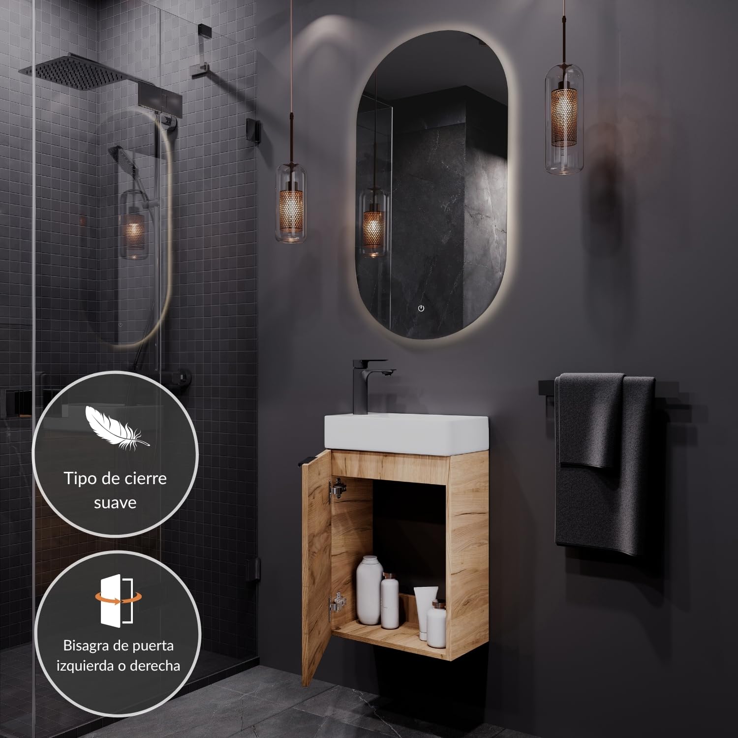 Planetmöbel Mueble bajo Lavabo con Espejo Mueble de baño Set 40 cm para baño y Aseo de Invitados Roble Dorado