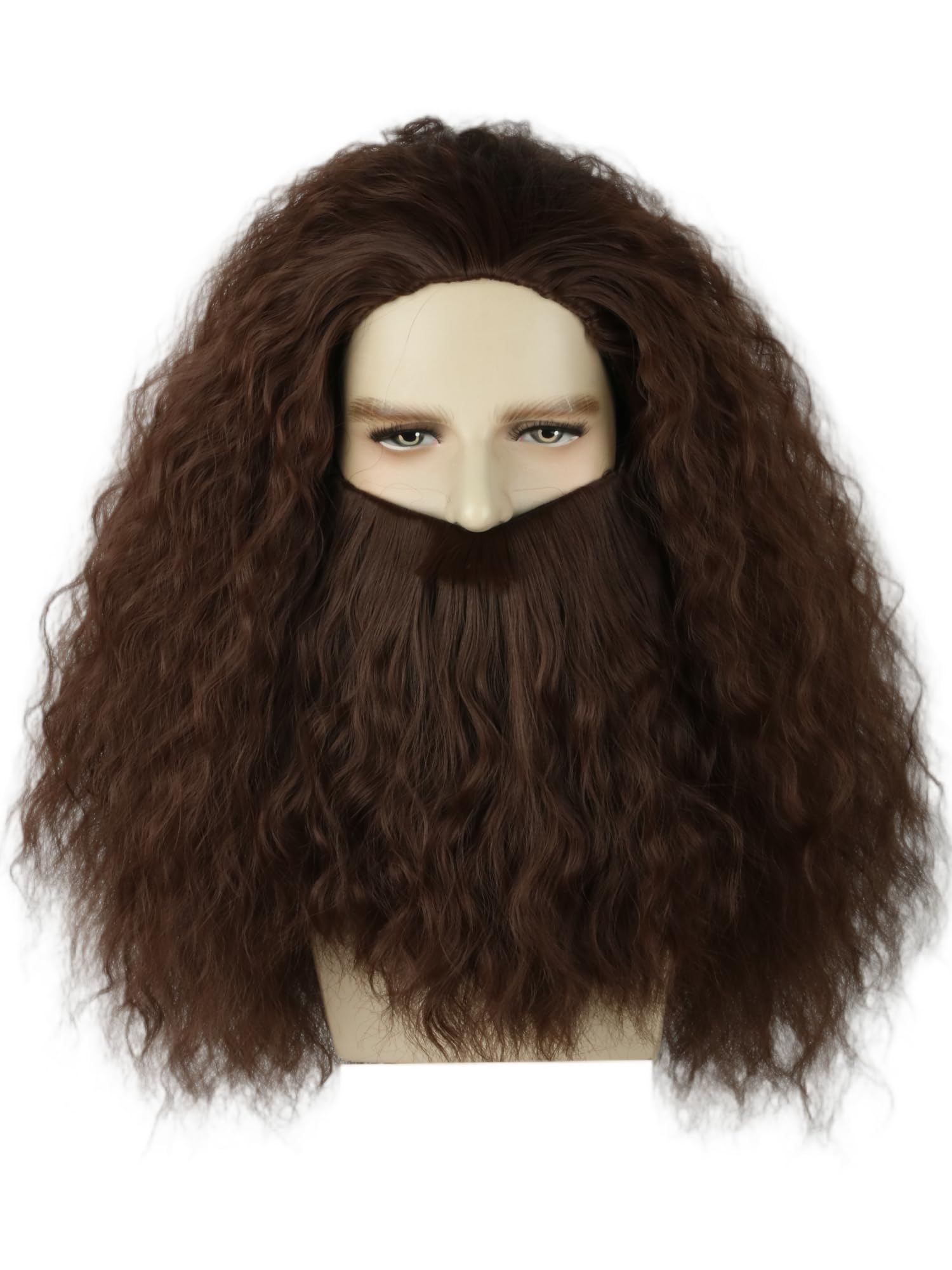 Men's Wig Beard set Wizard Wig Dark Brown Fluffy Wig Cosplay Halloween Costume Wig