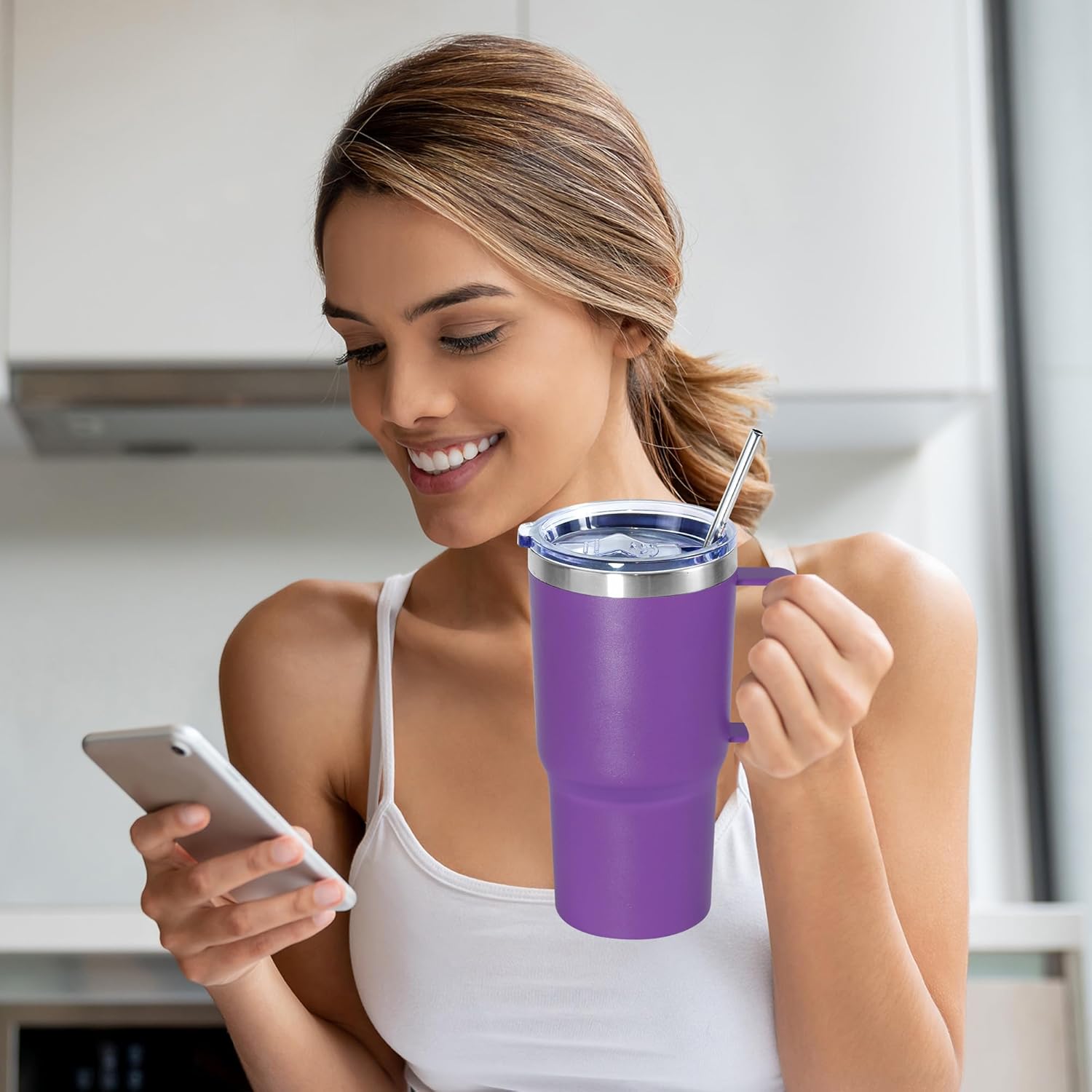 20 oz Tumbler with Handle, insulated cup coffee mug with lid, straw and handle, Double Wall Stainless Steel Vacuum Coffee Tumbler travel mug spill proof, 1pcs Purple - Image 6