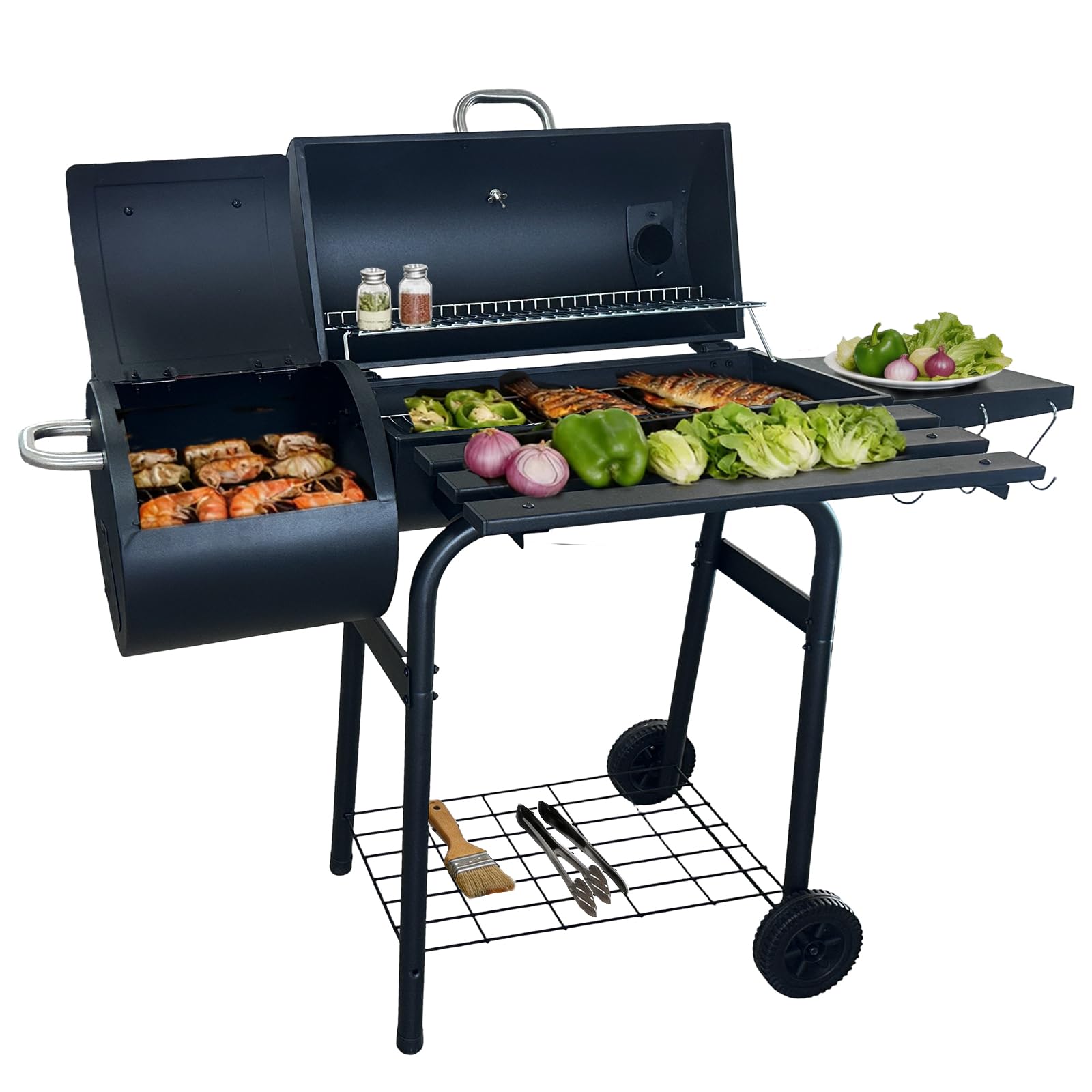 Large Charcoal Barrel Grill with Offset Smoker, Portable Outdoor BBQ Grill for Camping Garden Patio, Heavy Duty Steel Smoker with Side Shelves & Storage, 2-in-1 Cooking Station