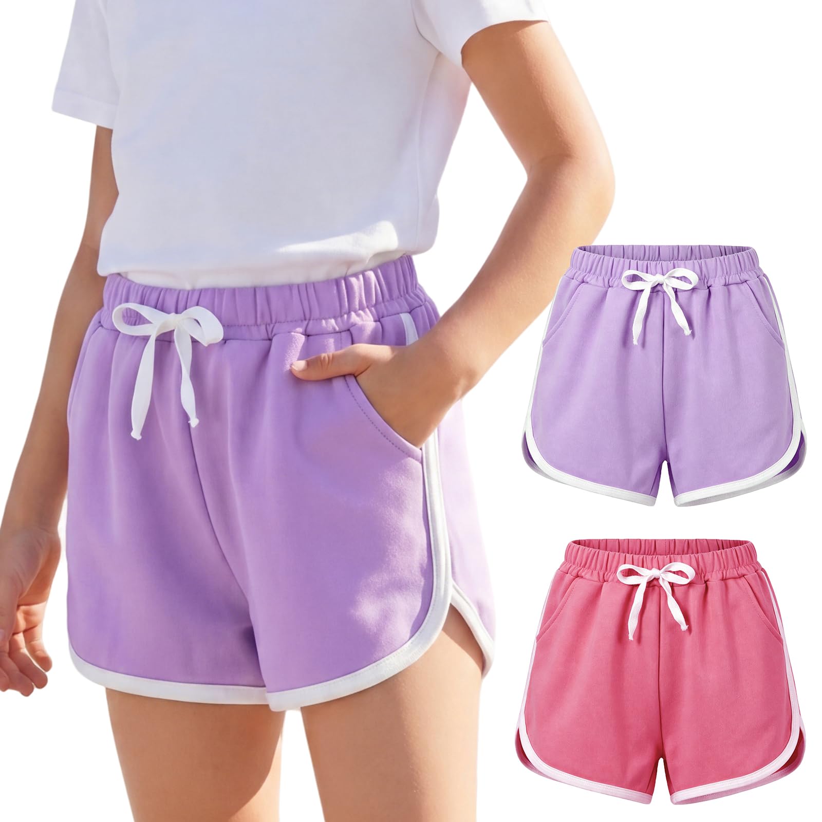Pantalones Cortos para niñas con Bolsillos, Pack de 2, Transpirables Cortos de Ciclismo Verano Deportivo Shorts Cintura Elástica Cómodo Fitness Gimnasia Pantalón Ropa 4-14 Años