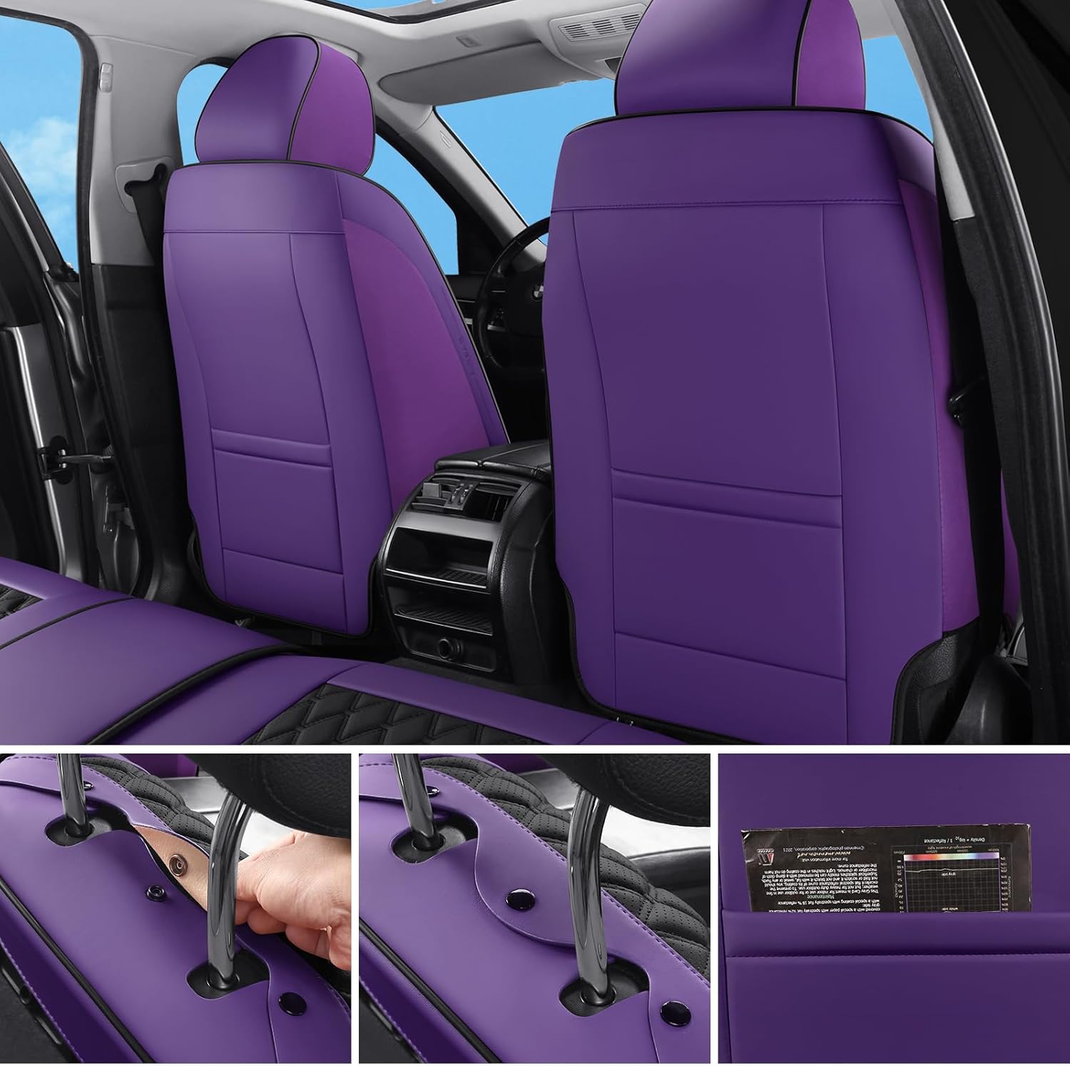Car Seat Covers Full Set Purple Black, Luxury Faux Leather Waterproof Non-Slip Seat Protector Universal Fit for Most Cars SUVs Trucks Pick-ups,Car Interior Accessories for Front Seats and Back