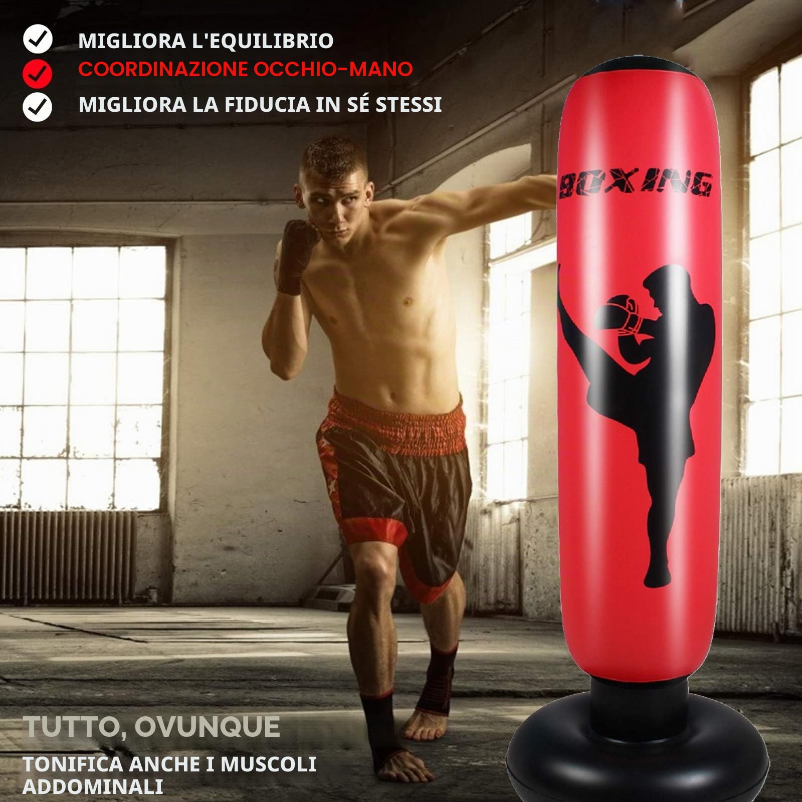Sacco da boxe autoportante per MMA, Muay Thai, fitness, kickboxing, sacco da boxe resistente, con supporto, per adulti e ragazzi (Senza guanti)