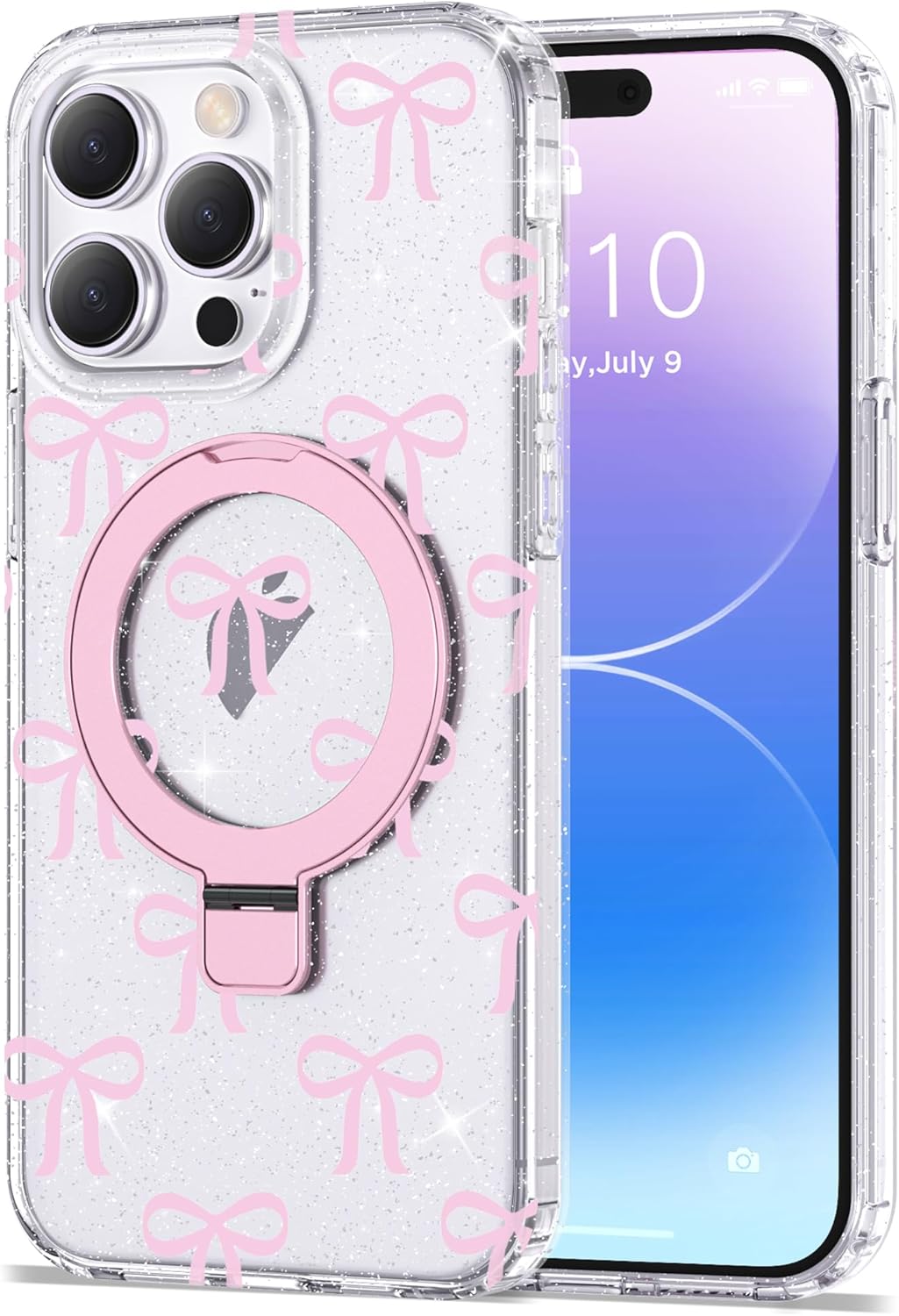 Compatible with iPhone 14 Pro Max Case Bow Pattern with Magnetic Ring Stand [Compatible with Mag-Safe] TPU Protective Phone Case for Women Girl, Clear Pink - Image 9