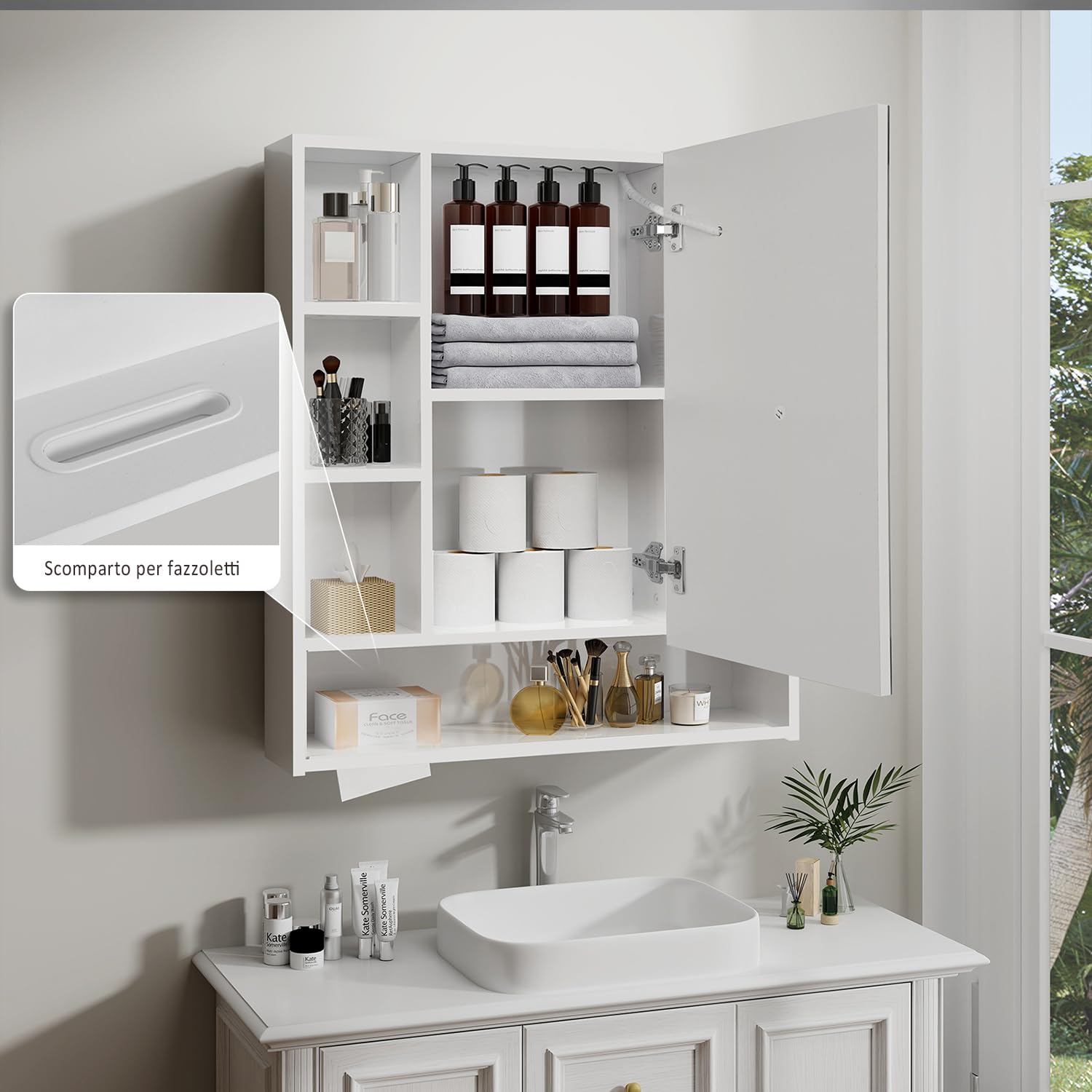 YU YUSING Specchio Bagno Contenitore con Luce LED, 72x80x13cm, Mobili Armadio Bagno con 9 Ripiani 1 Anta, Mobile Parete con Specchio, 3 Temperature di Colori Dimmerabili, Mobiletto Salvaspazio Parete