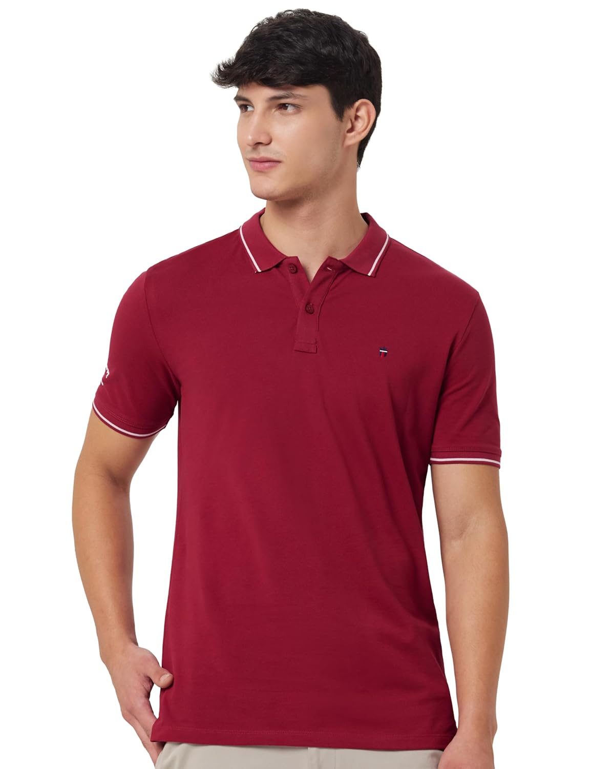 Louis Philippe Men’s Slim Fit 24s Single-Tuck Pique Stylized Sleeve Print and Contrast Tipping Half Sleeve Solid Polo T-Shirt