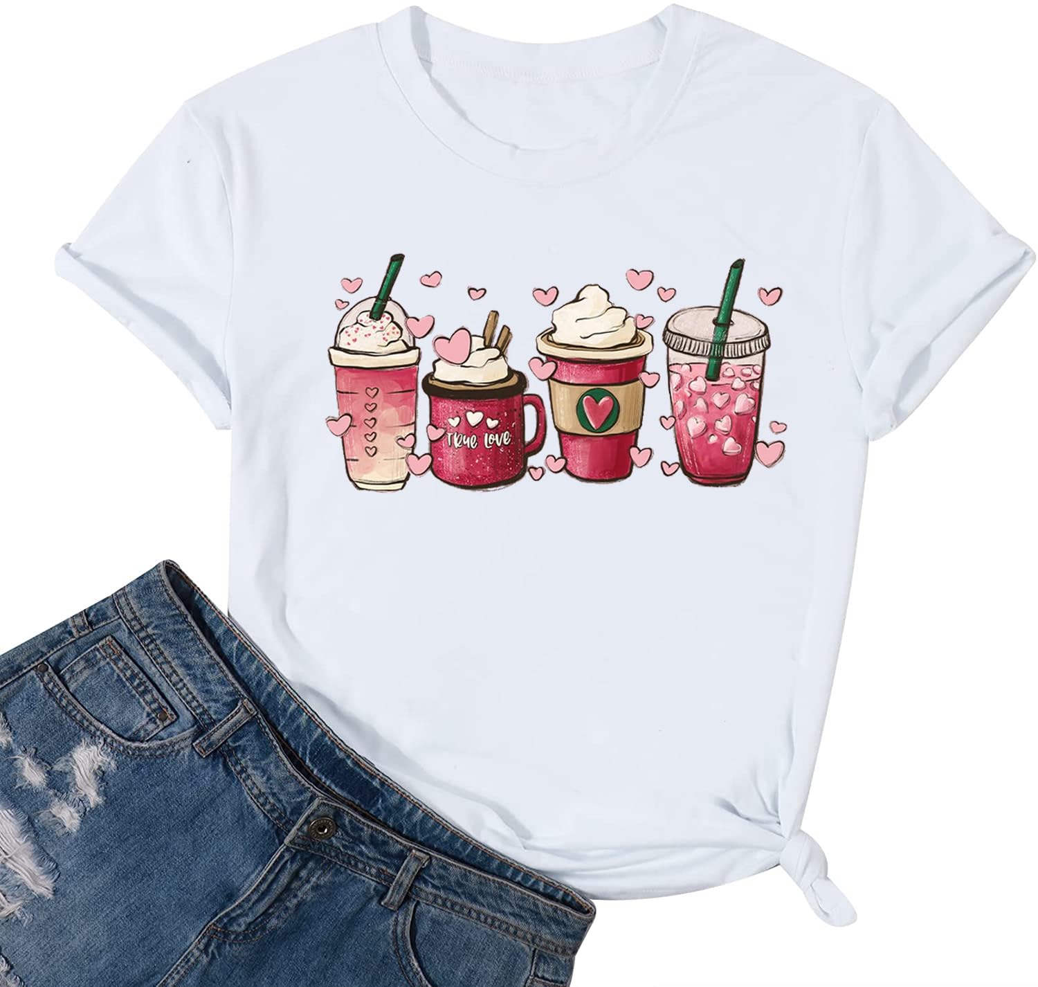 MYCHTEWomen's Valentines Day Shirt Valentine Coffee T Shirt Cute Love Hearts Graphic Tee Casual Coffee Lovers Tops