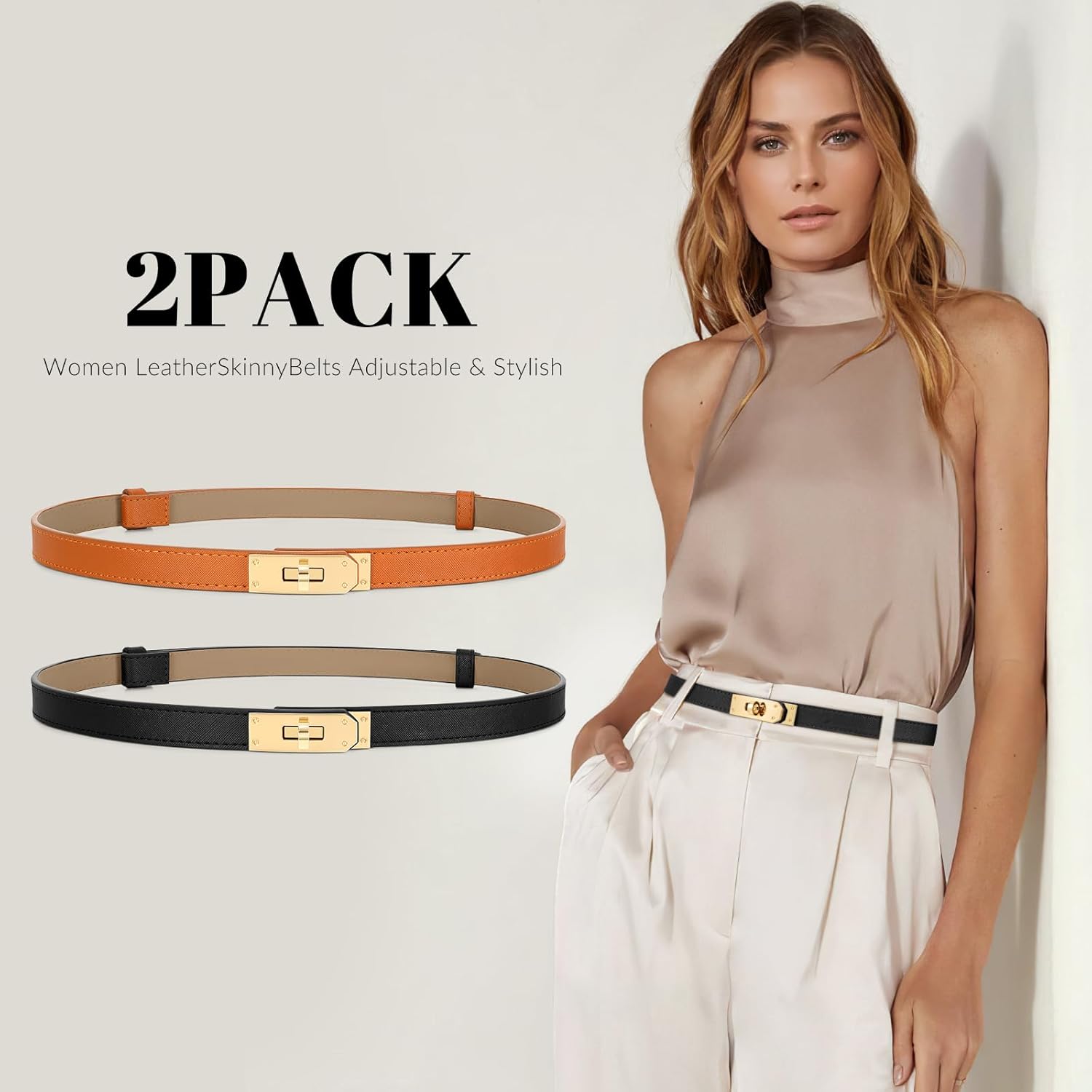 2 Pack Women Skinny Leather Belt for Dresses Jeans Solid Color Alloy Turn Lock - Image 7