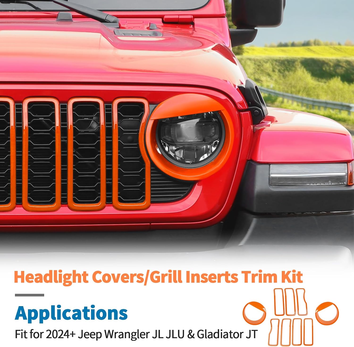 Condition photo showing New/Like New for jecar 9pcs orange grill inserts headlight covers trim kit for 2024 2025+ jeep wrangler jl jlu gladiator jt