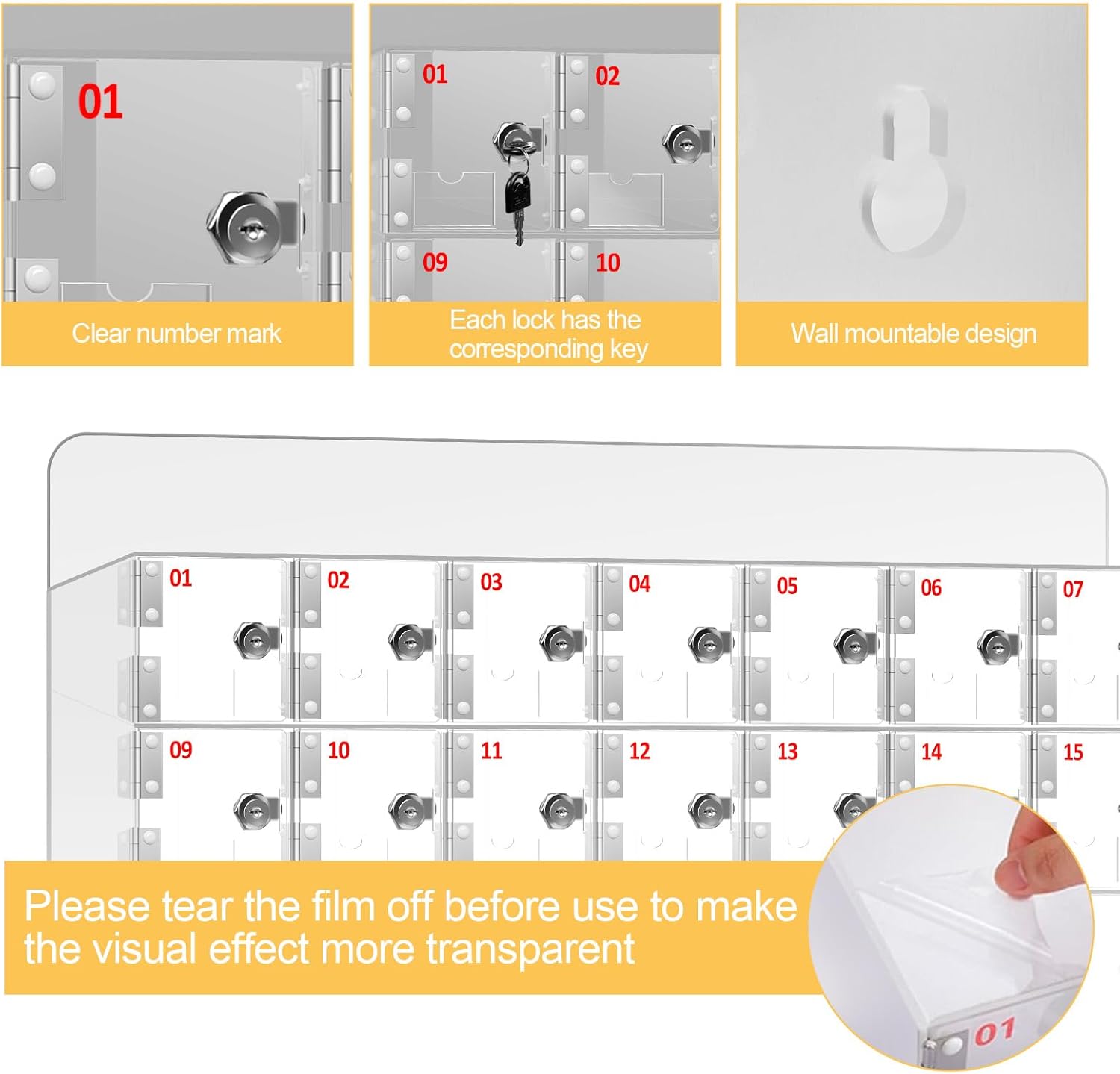 Cell Phone Locker Box, Clear Cell Phone Storage, Acrylic Cell Phone Lock Box with Door Locks and Keys, Wall Mounted Cell Phones Storage Cabinet for Office School Classroom Factory (40 Doors)