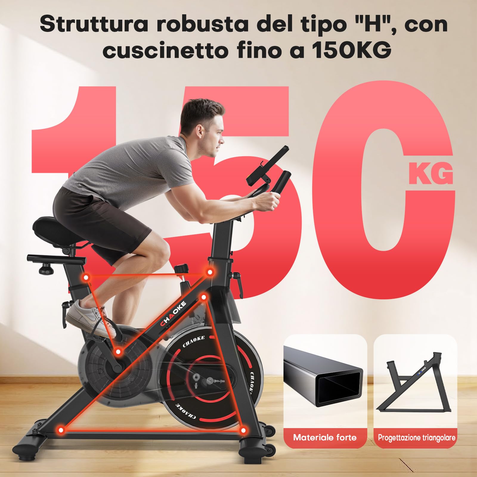 CHAOKE Cyclette da Casa con App, Cyclette per Casa Magnetoresistanza ultra Silenziosa 10dB, con Applicazione, Sedile Morbido e Traspirante e Schermo LCD, Peso Massimo di 150KG Cyclette Professionale