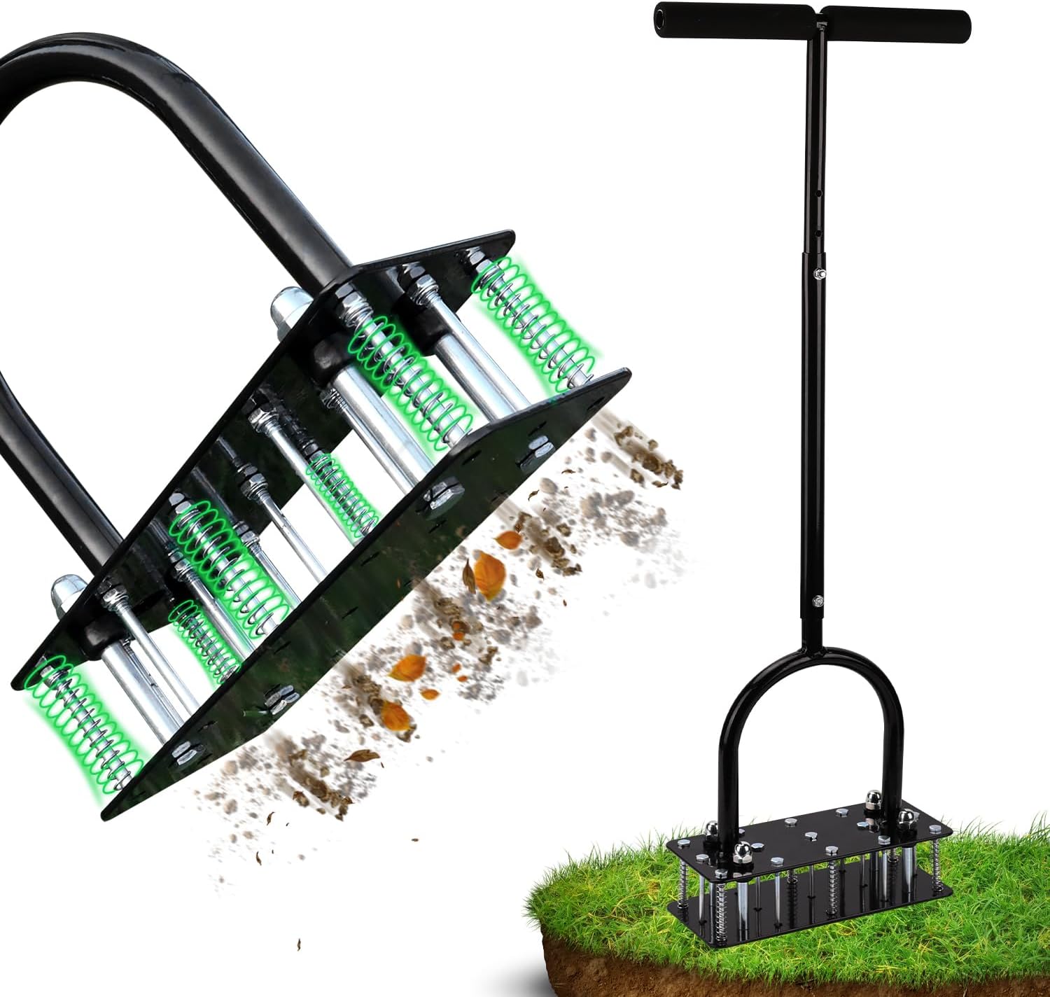 Lawn Aerator - Aerator Lawn Tool, Automatic Dirt and Leaf Clean Design, Heavy Duty Manual Lawn Aerator Tool with 15 Iron Spikes, Height Adjustable, Yard Grass Aerator for Lawn(Black)