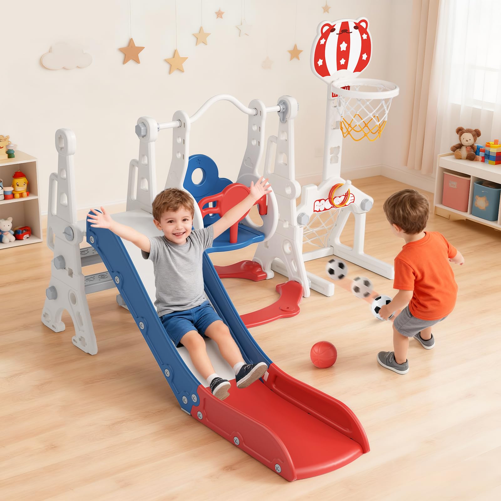 Tobogán Infantil 6 en 1 con Estructura para trepar, Canasta de Baloncesto y portería de fútbol – Set de tobogán de plástico para Interiores – Juguete Montessori (Azul/Rojo)