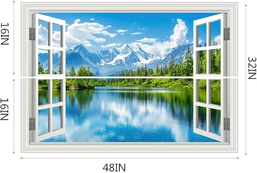 Miniatura 3 de Adhesivo mural de pared falso para ventana, montaña, lago, bosque, árbol, pared, pared, autoadhesiva, decoración para póster, paisaje natural (48 x