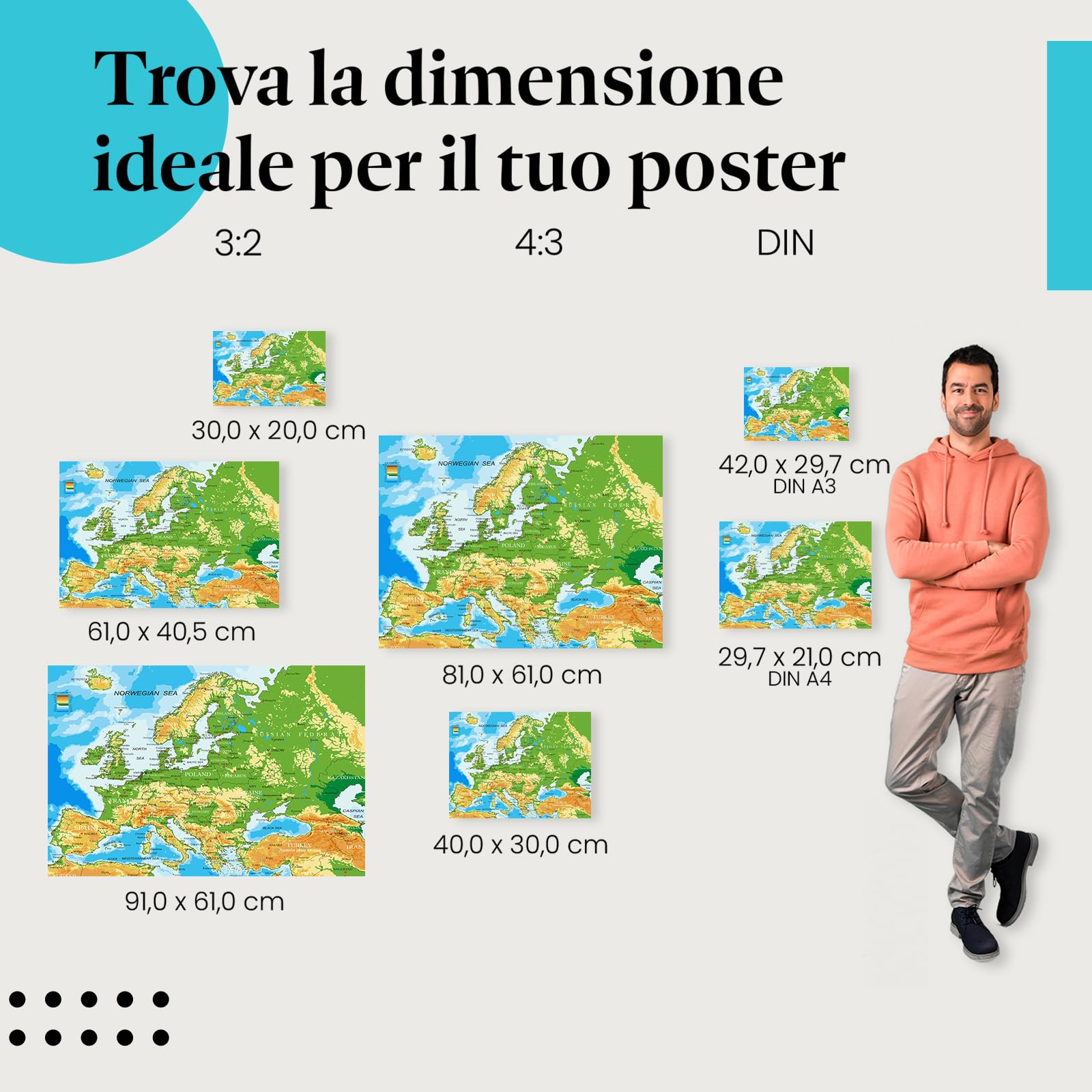 Postereck - 1031 - Mappa dell'Europa, paesi capitali inglese scritta - Decorazione Aula Scolastica, Materiale Didattico, Insegnamento, Lezione - Tela - 100,0 cm x 75,0 cm