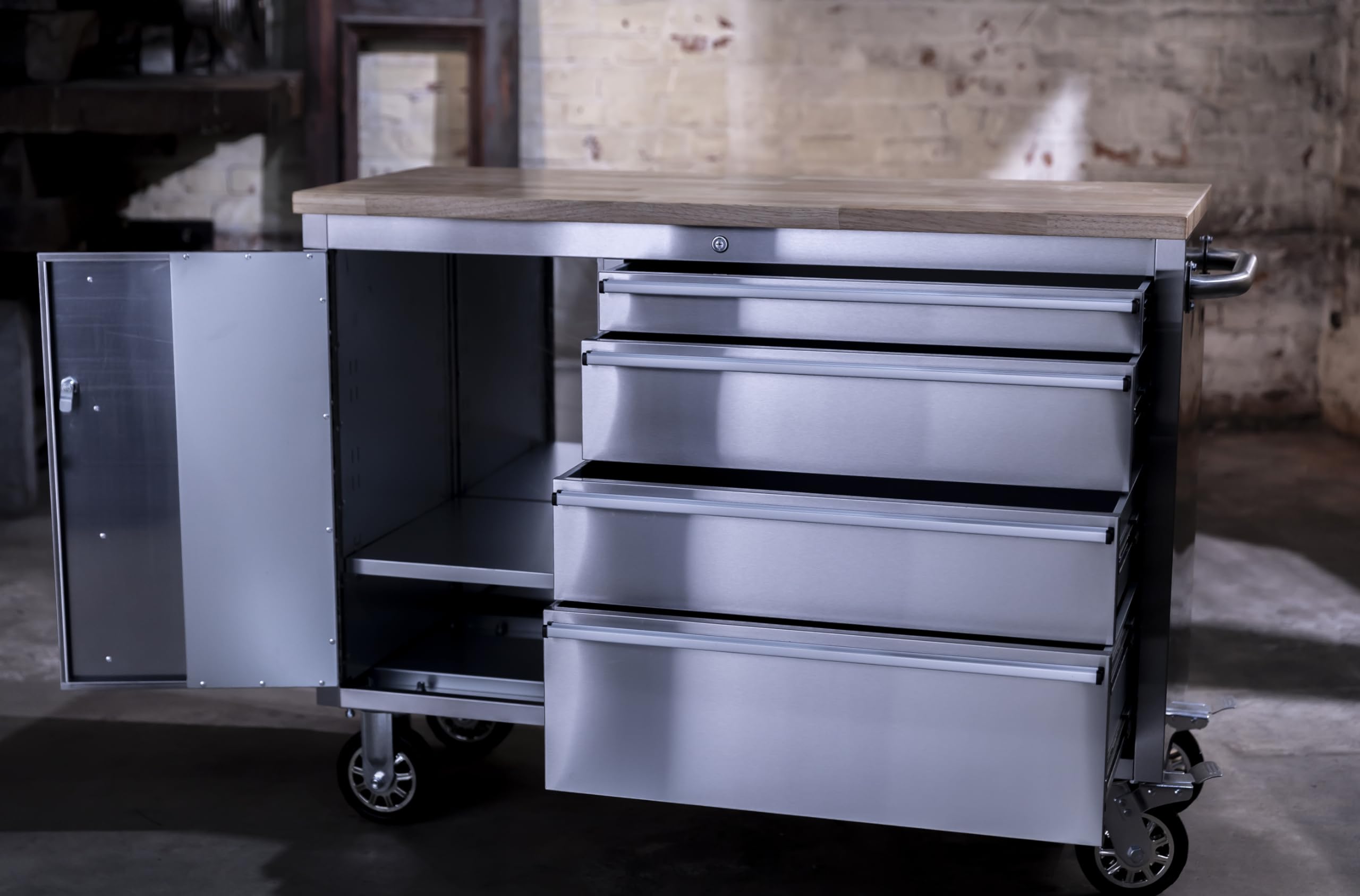 Ondis24 Carrello portautensili in acciaio inox con 4 cassetti scorrevoli e piano di lavoro in legno massiccio XL, ruote girevoli (grigio, 130 x 49 x 92)