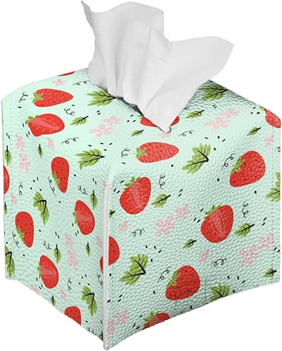 Funda cuadrada para caja de pañuelos de fresas, color verde claro, soporte de almacenamiento de pañuelos de piel sintética, soporte de pañuelos para