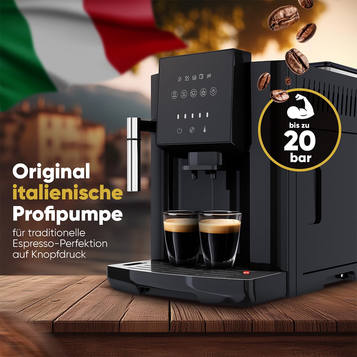 VEVOR Automatische espressomachine, espressomachine 20 bar met melkopschuimer stoommondstuk, geïntegreerde molen en 15 maalinstellingen, met 1,5 l waterreservoir voor cappuccino, latte