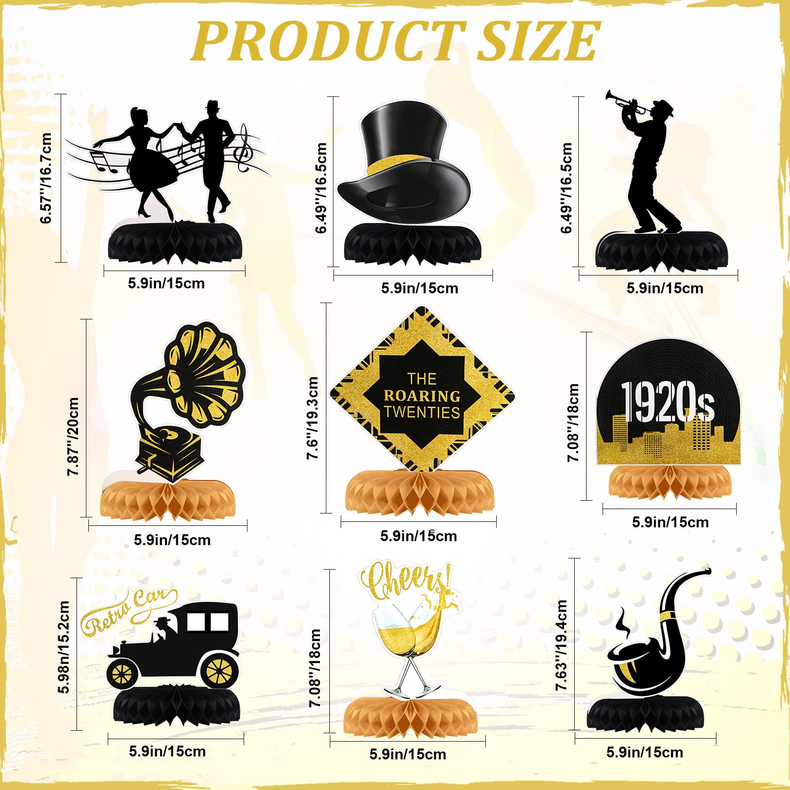 9 Pcs Roaring 20s Party Decorations Jazz Roaring 1920's Party Honeycomb Centerpiece Black and Gold Roaring 20s Honeycomb Centerpiece Vintage Music Themed Table Toppers 1920s Wedding Party Supplies