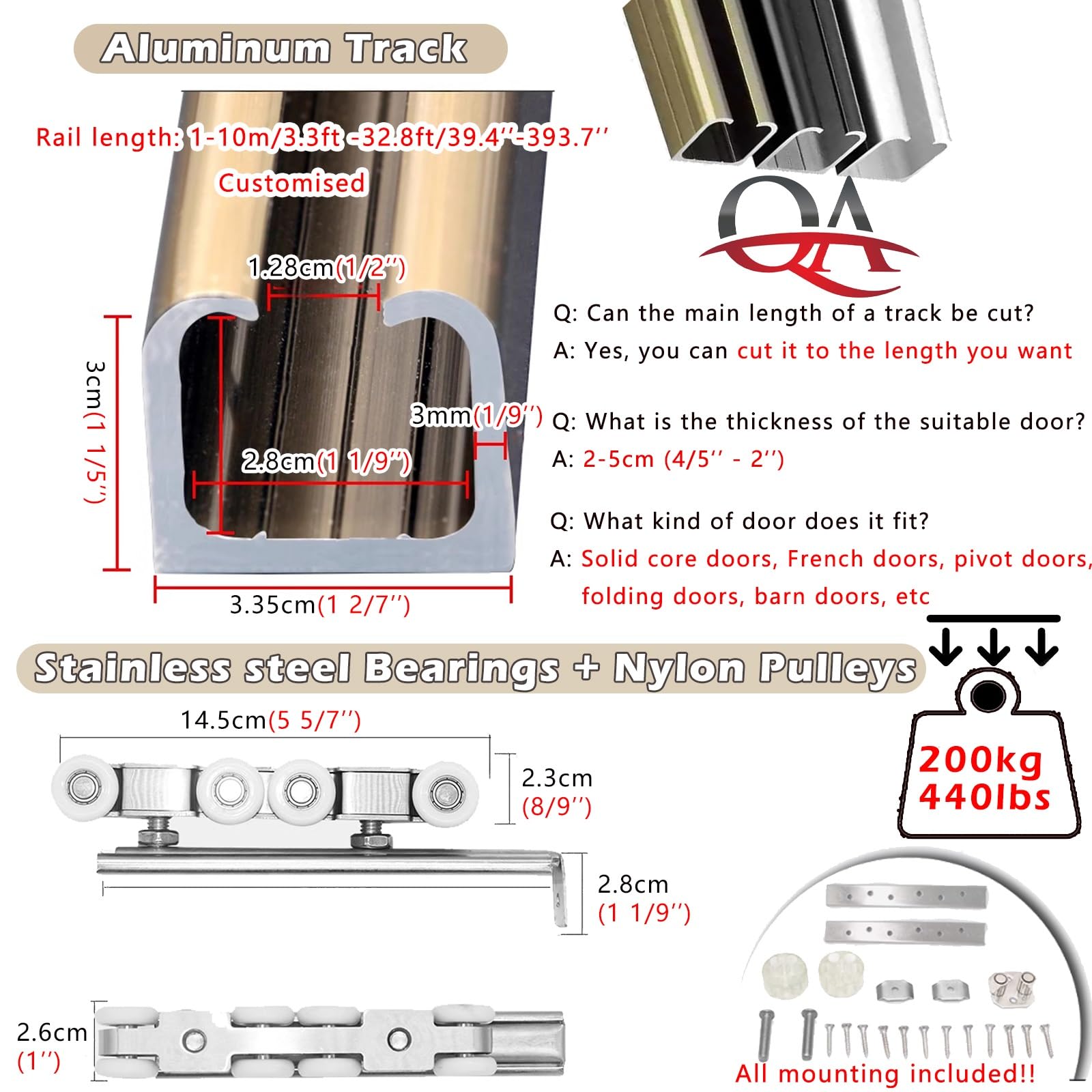 Aluminiowy zestaw 2-drzwiowy, 1 m6 m, regulowany, brązowy, niewidoczny sprzęt do drzwi wewnętrznych, 3,7 m