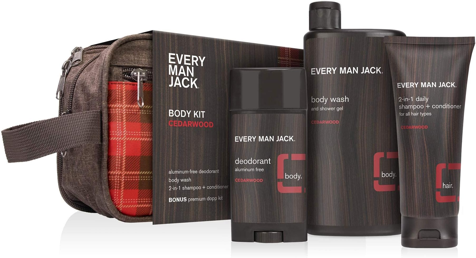 Every Man JackCedarwood Bath and Body Gift Set - Includes Three Full-Sized Grooming Essentials - Body Wash, 2-in-1 Shampoo + Conditioner, Deodorant + Bonus Dopp Bag